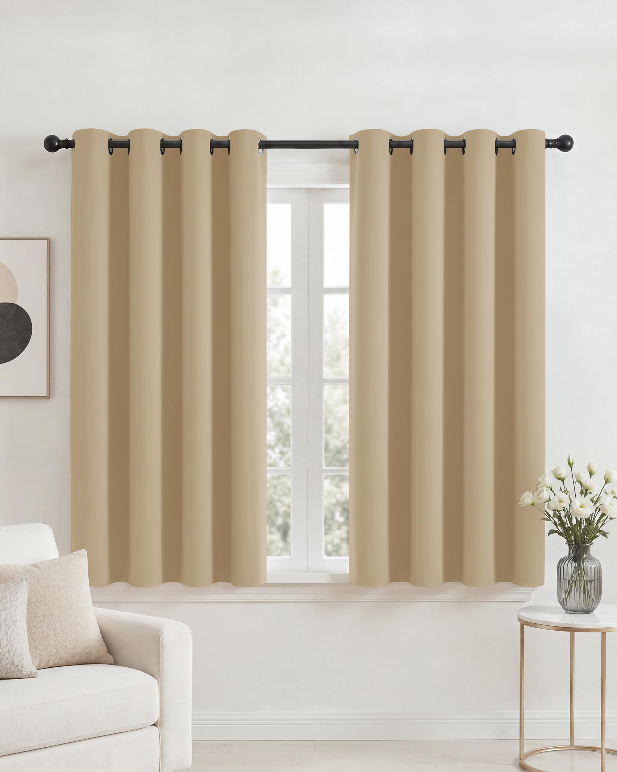PONY DANCE Short Eyelet Blackout Curtains Biscotti Beige, Thermal Insulated Room Darkening Drapes for Living Room & Office, Essential Energy Saving Privacy Set, 2 Panels W52 xL45 โ image 1