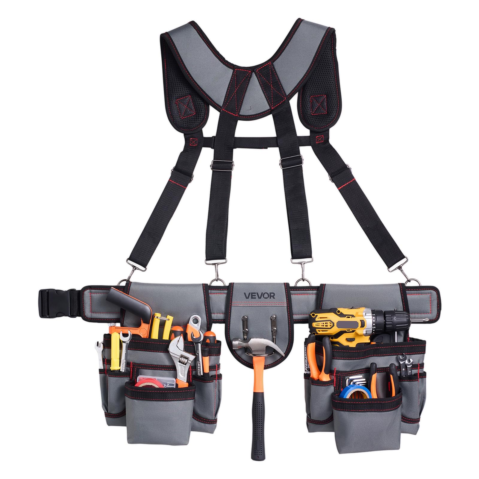 VEVOR Cinturón Portaherramientas para Profesionales, con 22 Bolsillos y Tirantes, Funda para Riñonera para Electricistas, Carpinteros y Obreros de la Construcción, Ajustable de 810 a 1730 mm
