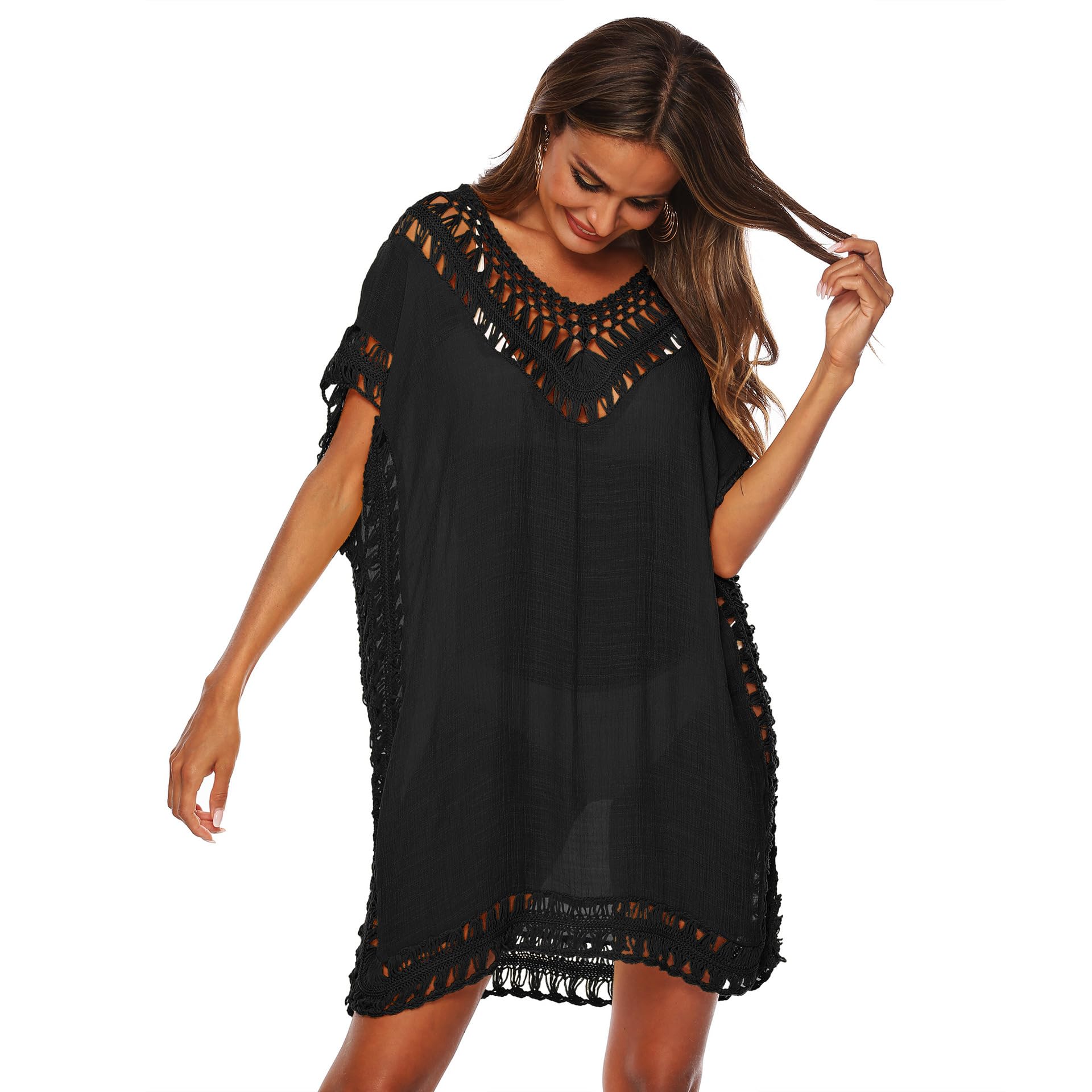 Generisch Damski sweter z siateczki, dekolt w serek, okrycie plażowe, Hollow Knitted Crochet, szyfon, fashionable Short Skirt, wygodny top