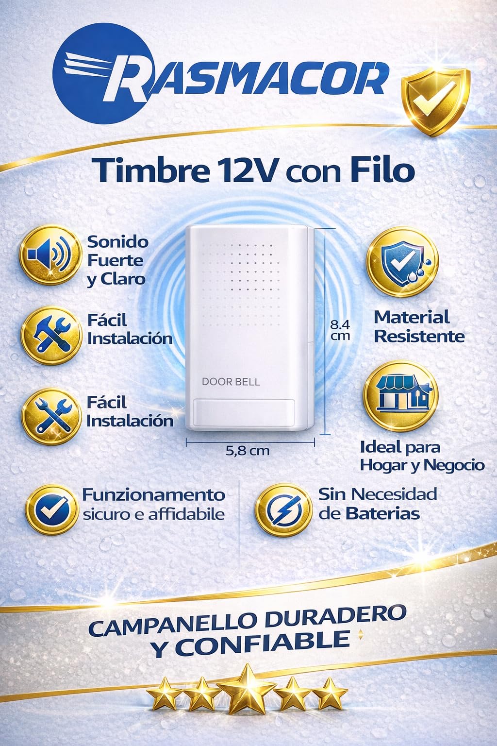 Rasmacor | Timbre 12V con Cable para Puerta – Timbre Eléctrico Ding Dong Bajo Voltaje DC 12V, Interior, Sonido Claro y Potente, Instalación Fácil, Resistente Agua ABS, Timbre Cableado Hogar Vivienda