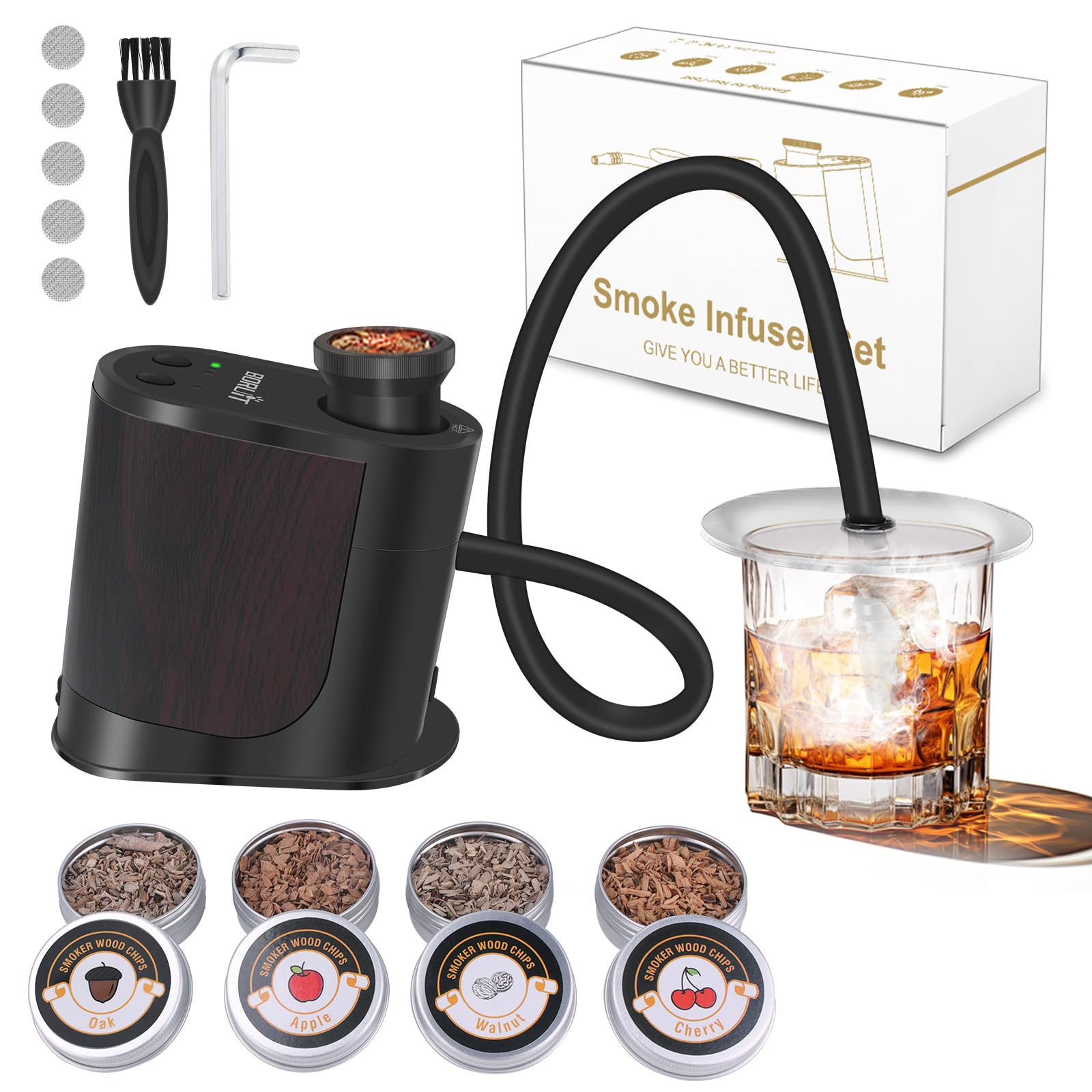 BORUIT Kit per affumicatore per cocktail, ricaricabile, regolabile, con 3 impostazioni, spegnimento automatico e 4 sapori, trucioli di legno con kit vecchio stile affumicato, regalo per uomini, papà