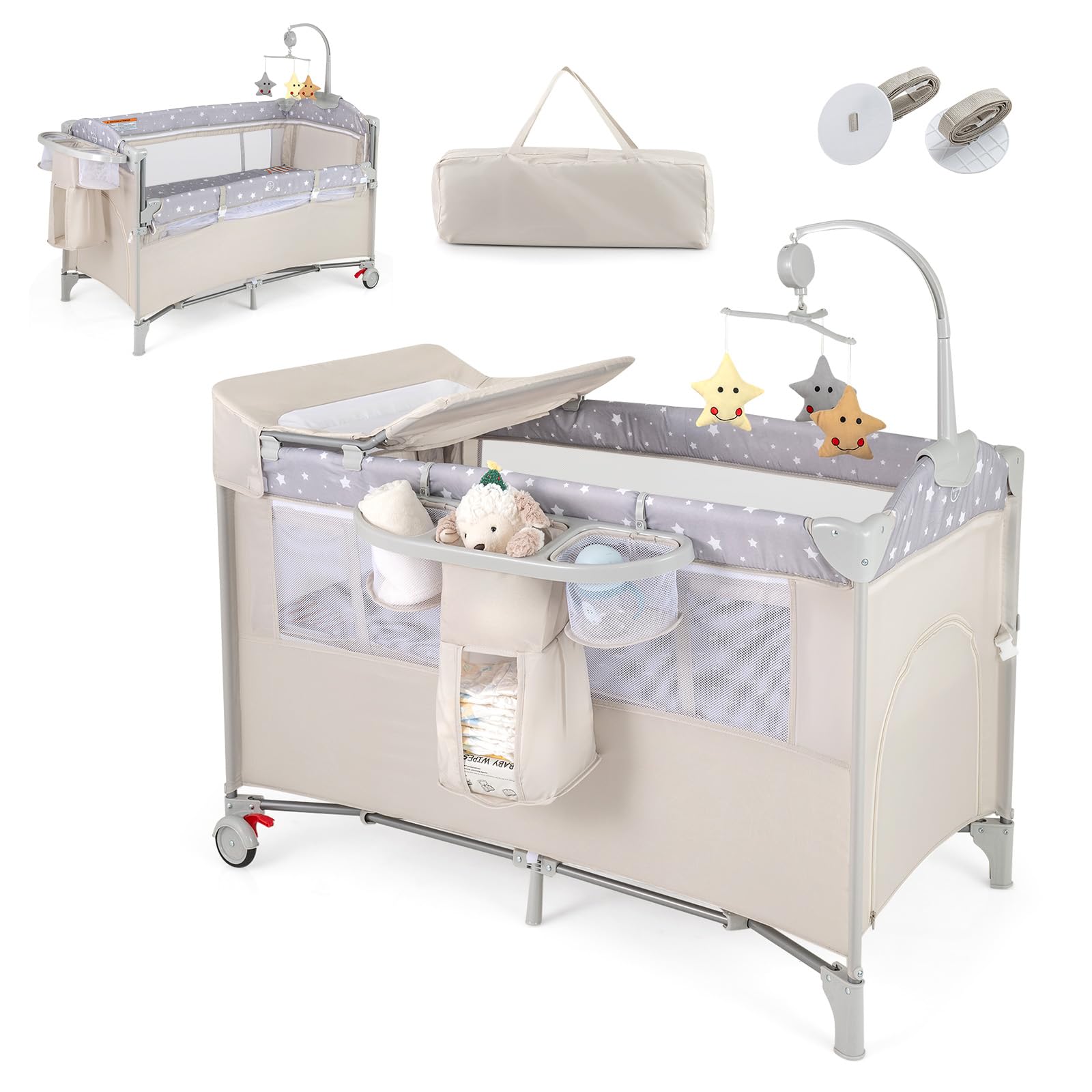 RELAX4LIFE 5 in 1 Lettino da Campeggio per Bambini, Culla Neonato con Fasciatoio e Cingia Fissagio, Carillon e 3 Giocattoli Appesi, Adatto a Bambini da 0 a 36 Mesi (Beige)