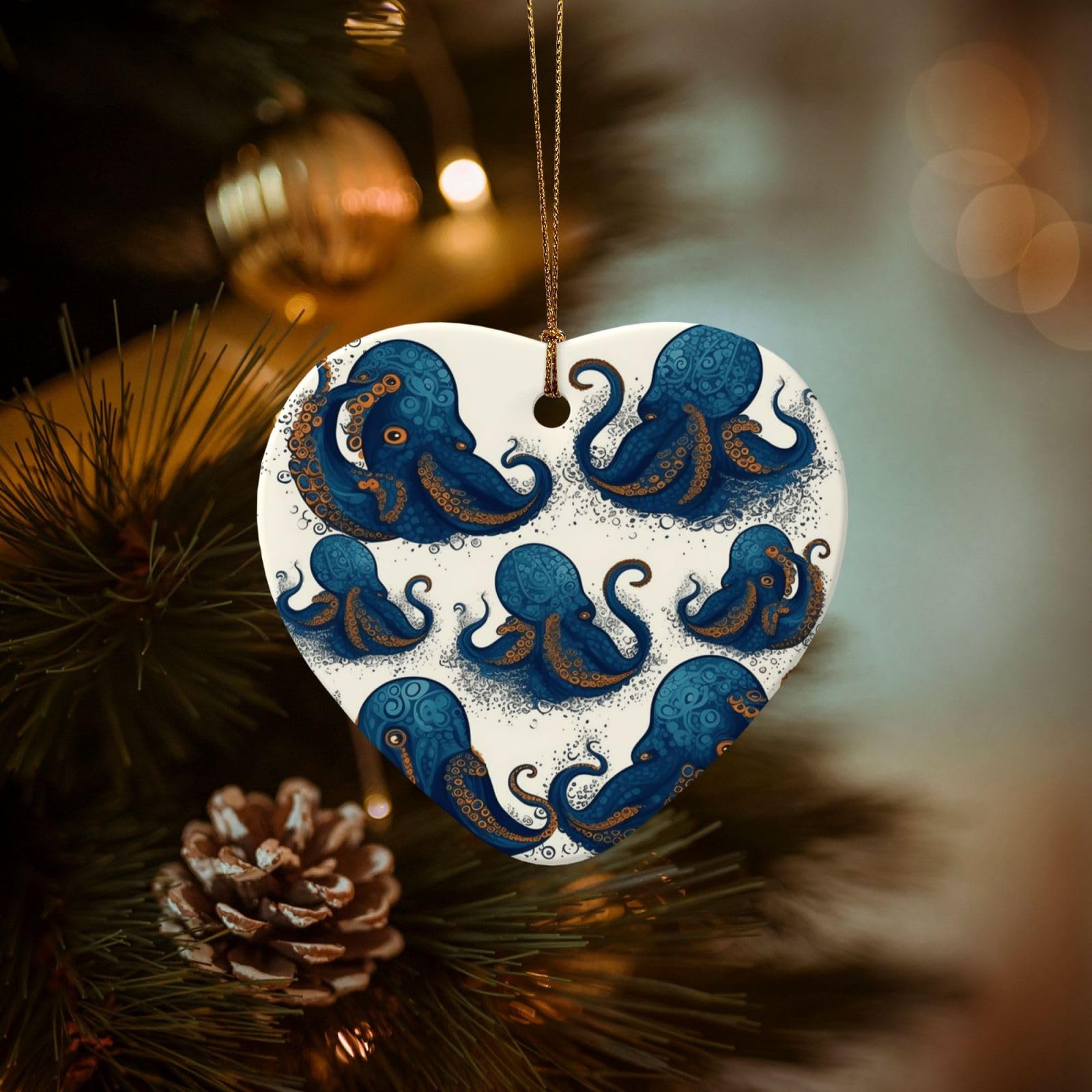 Christmas Ornaments for Christmas Tree Decoration Hanging Tentacles Octopus Ornament with Gold Ribbon Crafts Heart Shape Ceramic Pendant for Keepsake Gifts Xmas Decor Party Supplies