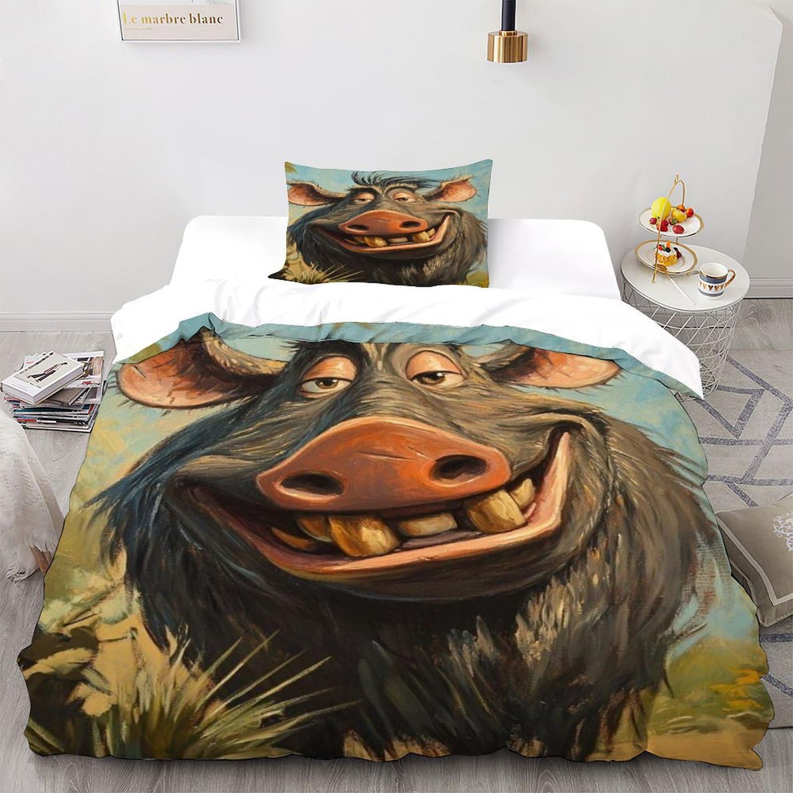 Housse de couette lit simple 135x200 motif sanglier avec taies couvre-lit microfibre doux