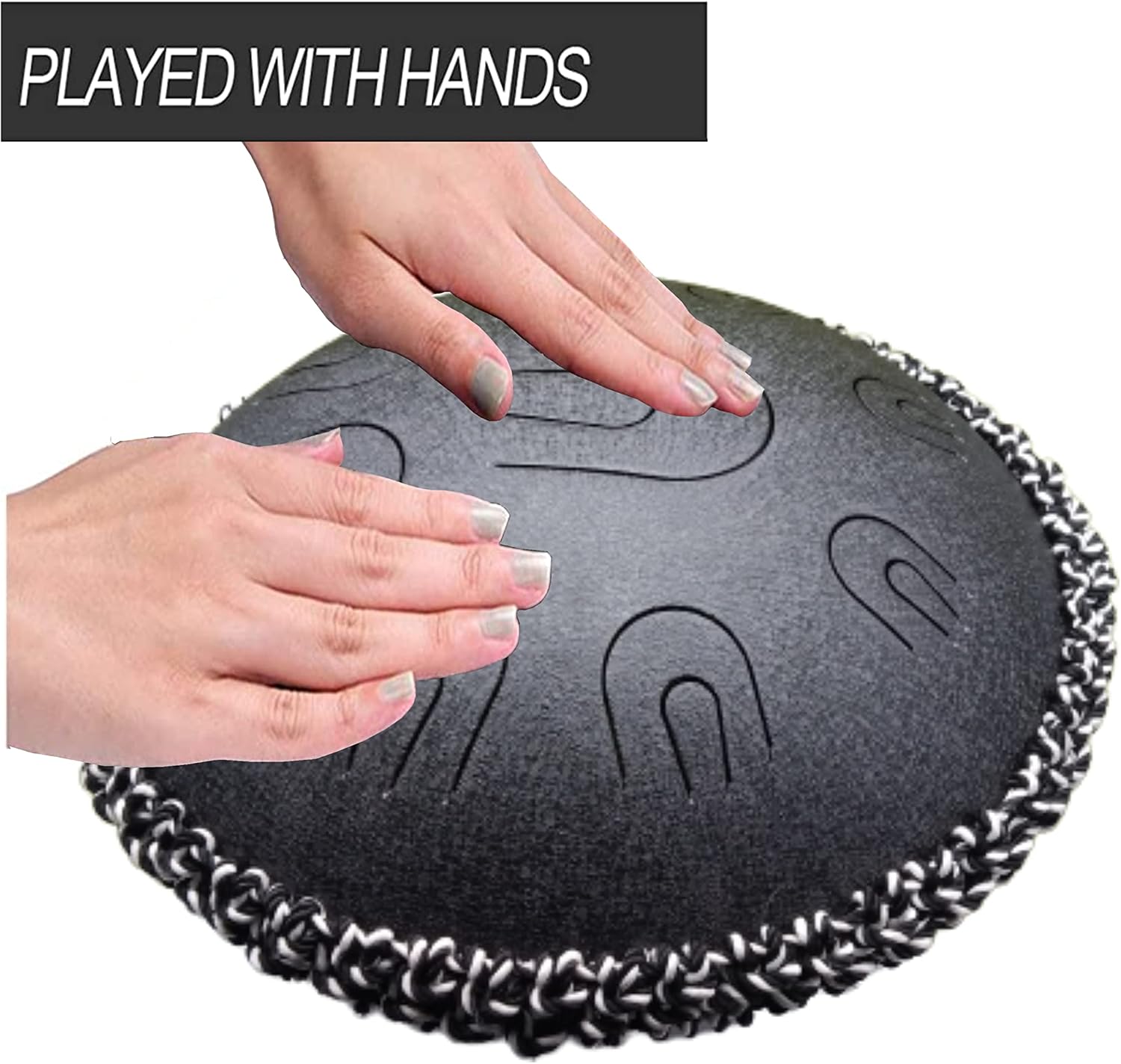 India Meets India 14.5" Steel Tongue Drum/Hand Pan Drum w/Nine Notes [BLACK], Percussion Steel Tongues Drum with Rope Decoration and Sling Bag to Carry the Drum