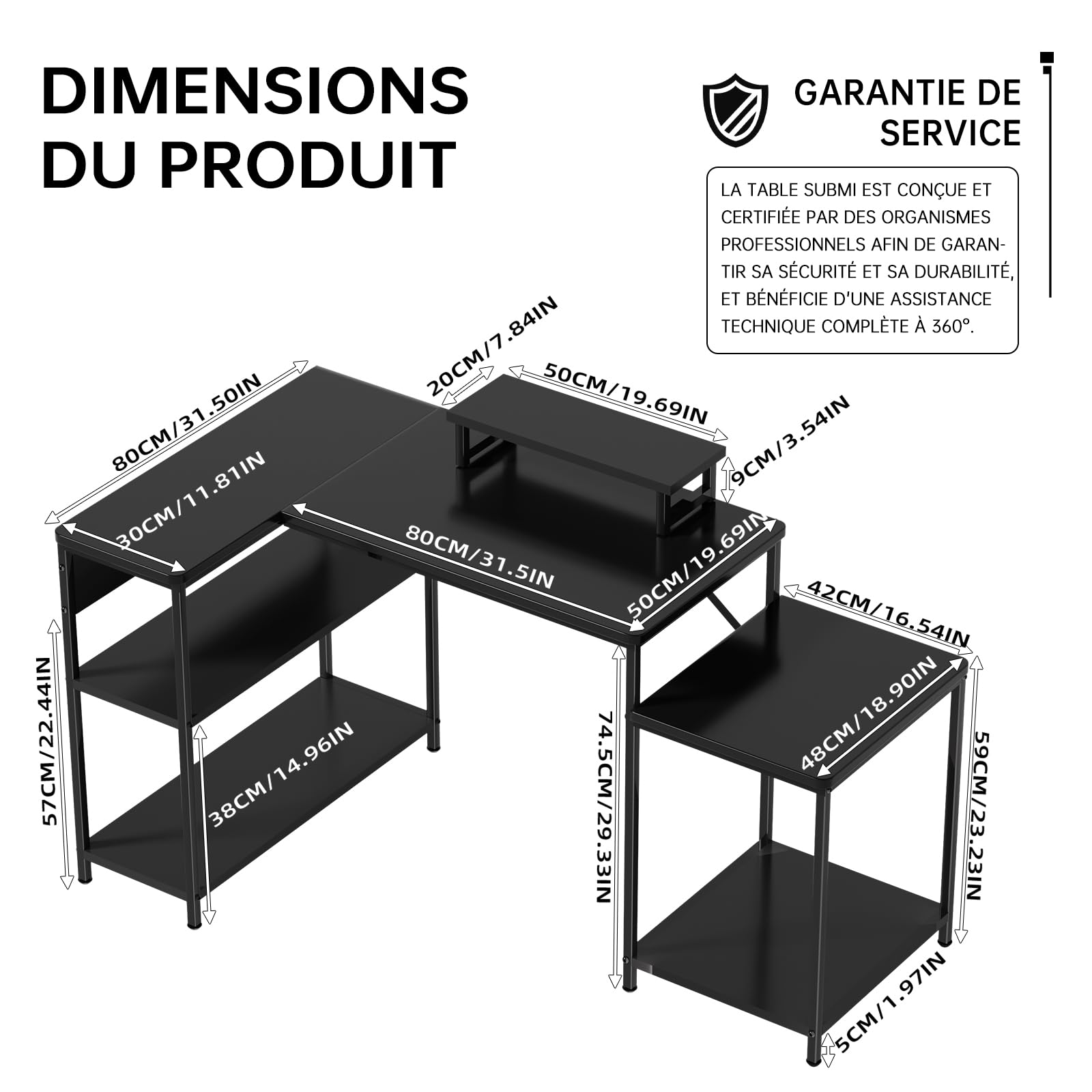Bureau d'angle, 152x80cm Grand Bureau d'Ordinateur en Forme de L, Réglable en Hauteur Bureau Angle Ordinateur, Bureau Gaming, Long Table Gaming pour Bureau à Domicile et Étude, Noir