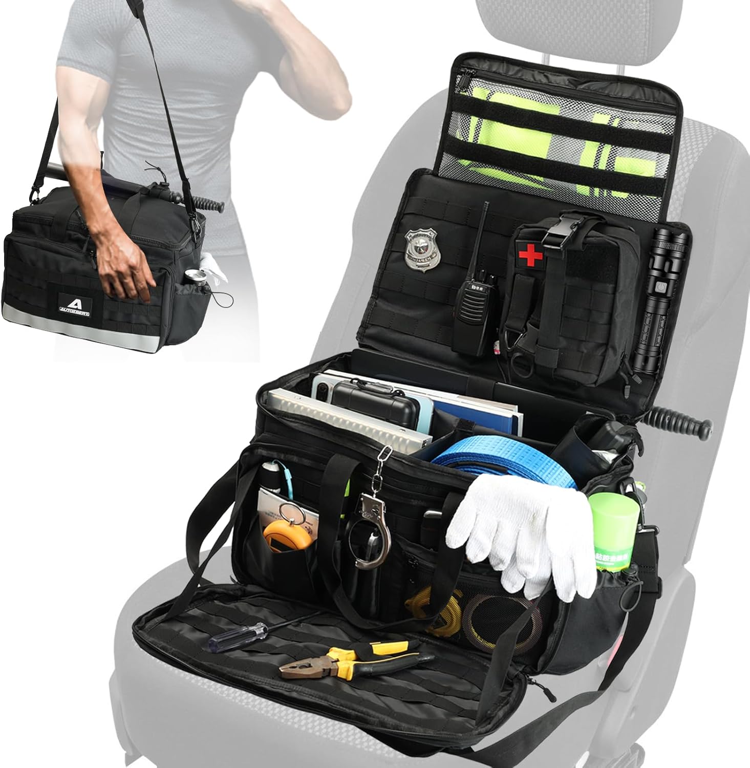 Patrol Bag Law Enforcement,Police Gear Bag with MOLLE System and Cup Holders,Hanging Car Front Seat Organizer,Multiple Compartment Tactical Officer Duty Bags,Police Car Accessories for Passenger Seat