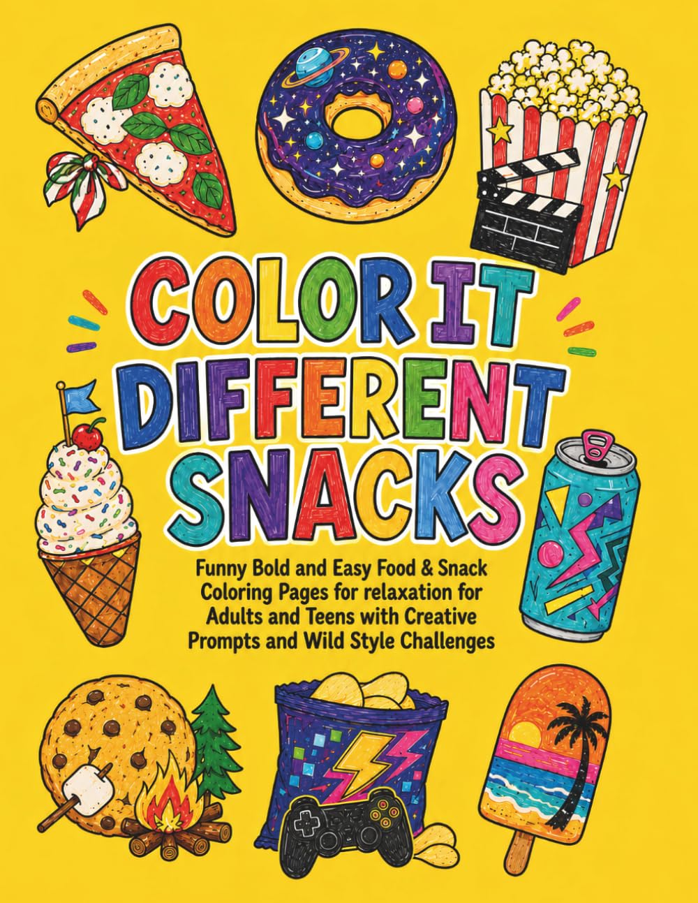 Color It Different Snacks Coloring Book: Funny Bold and Easy Food and Snack Coloring Pages for Relaxation for Adults and Teens with Creative Prompts and Wild Style Challenges