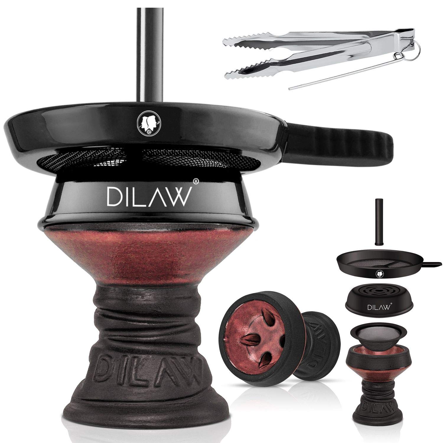 DILAW® Shisha Steinkopf Set Kaminkopf Big Tabaksieb Kohlezange Kaminaufsatz Tabak Kopf, Farbe:Rot