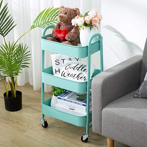 Miniatura 6 de AGTEK Carrito de maquillaje, carrito organizador móvil rodante, azul aguamarina de 3 niveles de metal