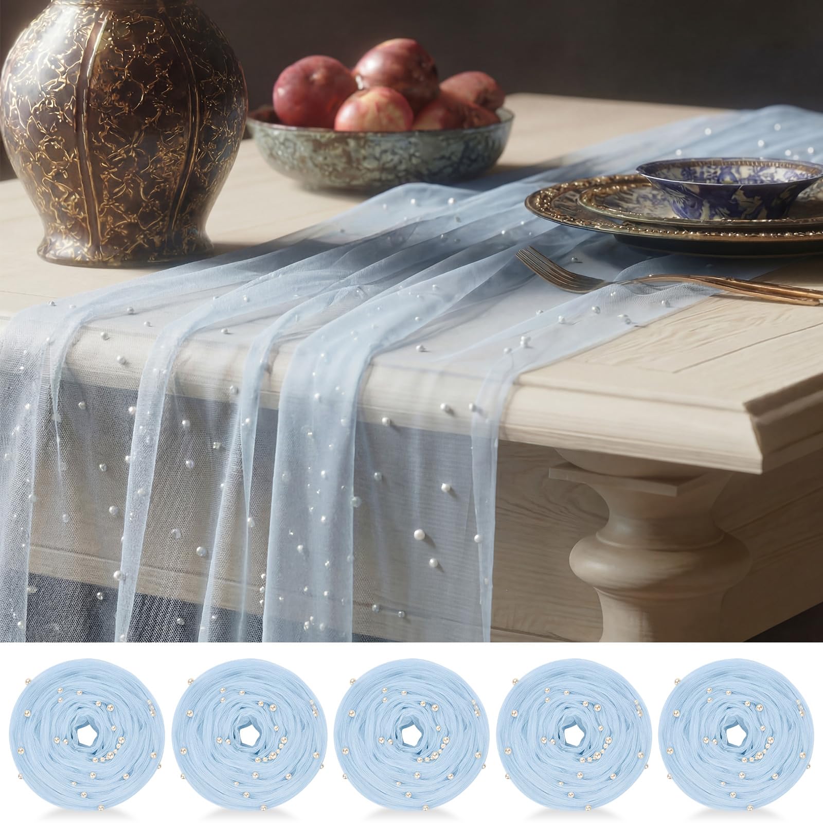 Photo 1 of CrystalSylara Pearl Gauze Table Runner Set - Light Blue, 10 Pcs, 28x120 Inches