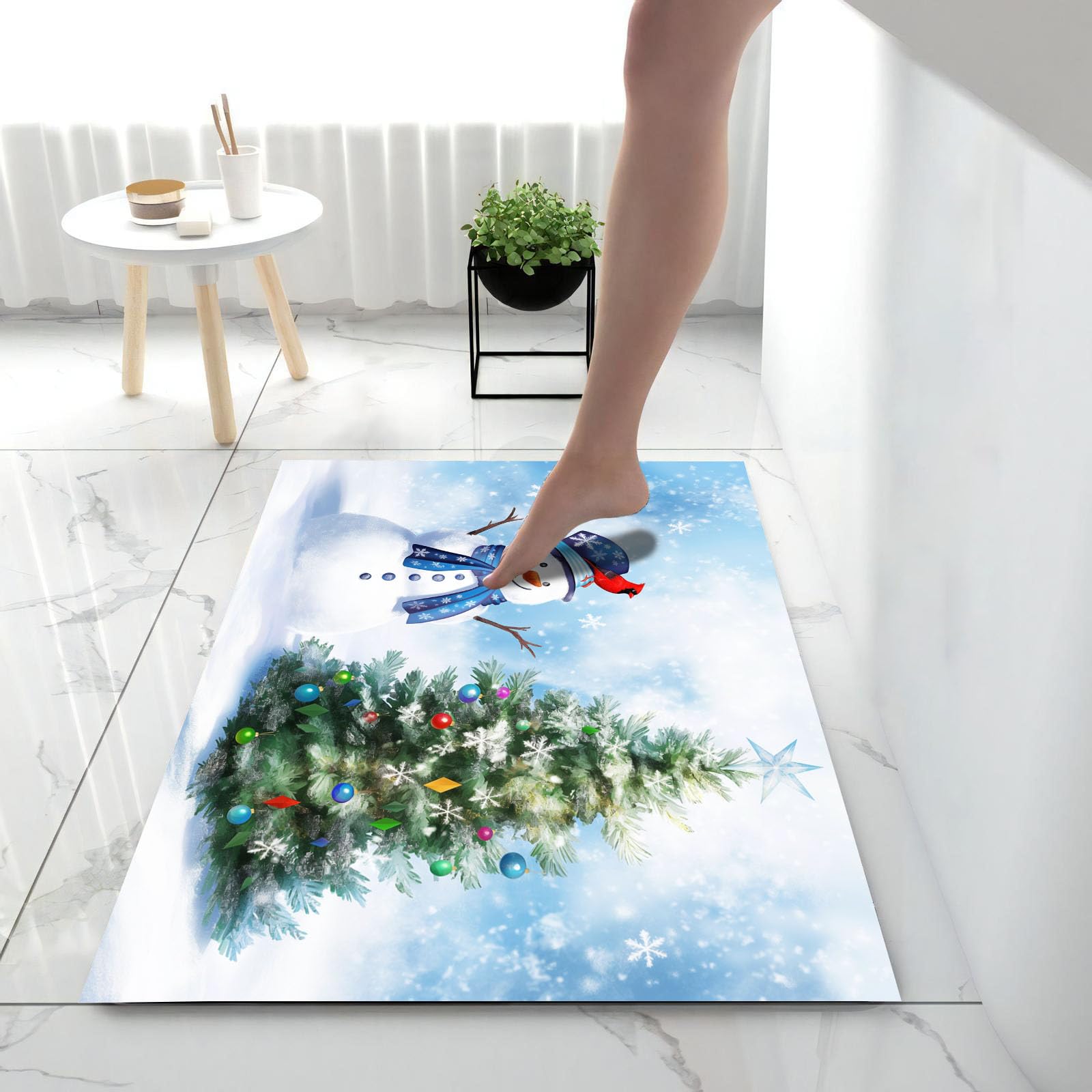 Felpudo Tema Navideño, 90x150cm Alfombra Puerta Muñeco Nieve Árbol Hoja Perenne, Alfombra Navidad Antideslizante para Cocina Pasillo Salón, Felpudo Entrada Casa Decoración