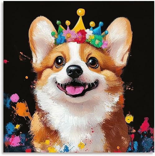 Dog Nursery Decor, Dog Pictures Wall Decor, Corgi with Colorful Crown Canvas Wal