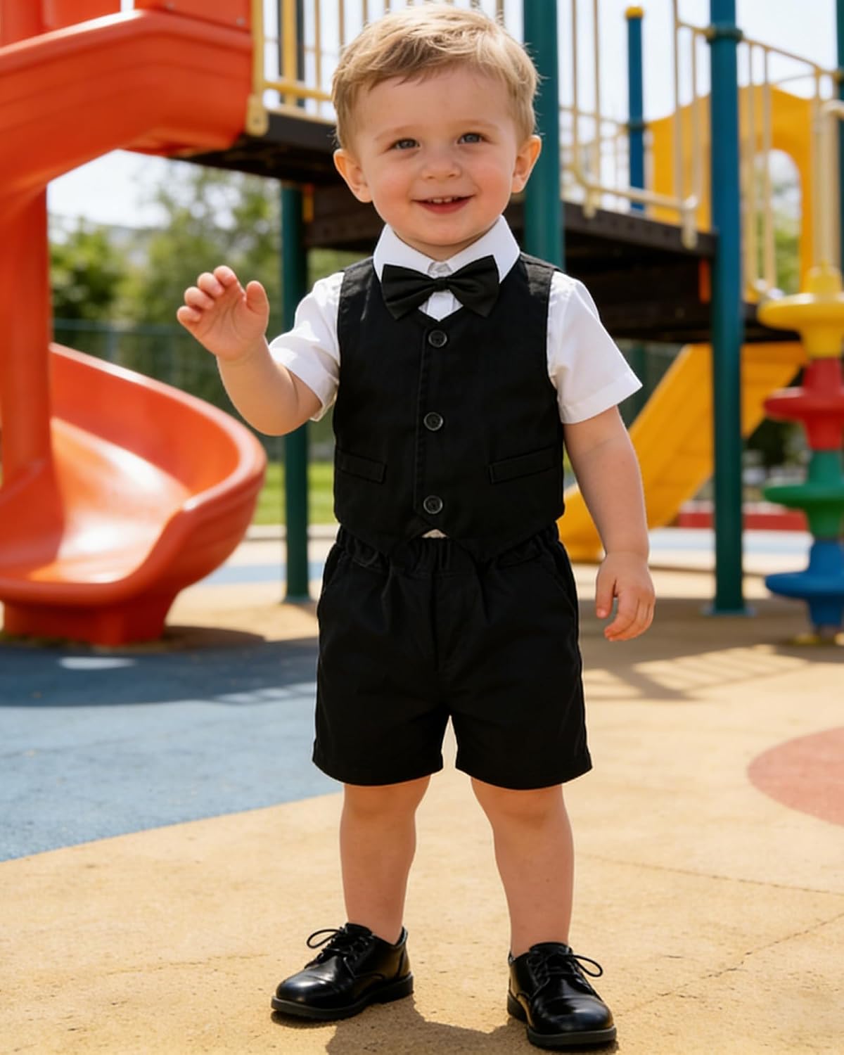 SANGTREE Baby Boy Suit Wedding Ring Bearer Outfits Vest Short Sleeve Bowtie Shirt Suspender Summer Gentleman Shorts Sets