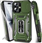 for iPhone 16 Case with Screen Protector+Slide Camera Cover, Military Grade Shockproof Protective Case with Magnetic Kickstand Ring for iPhone 16 6.1 inch (Blue)