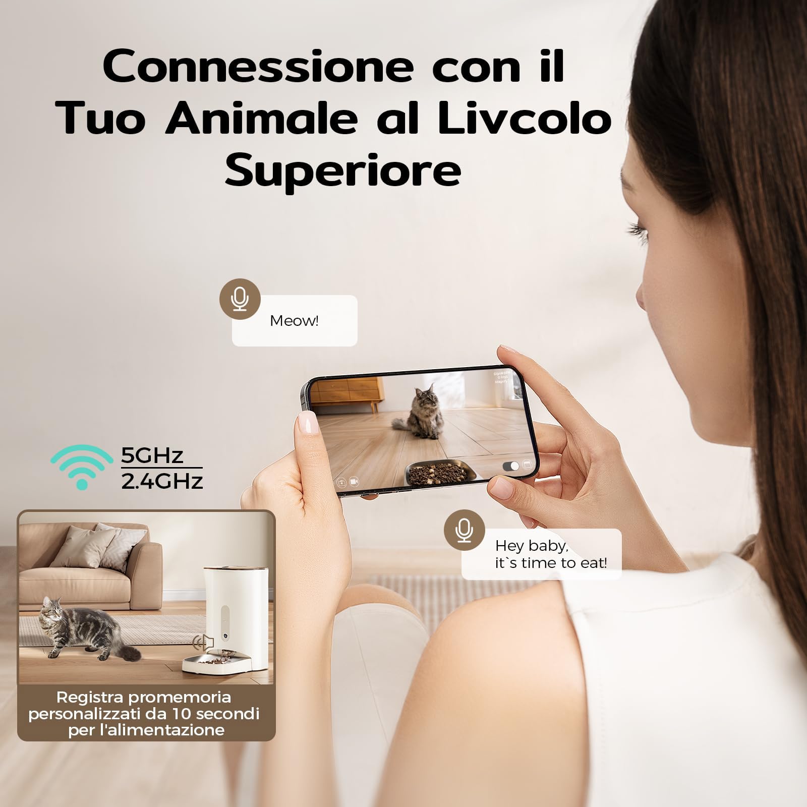 F1 Pro Distributore Automatico Cibo Gatti e Cani 4.5L con Telecamera HD 2K & Visione Notturna a 160°, WiFi 2.4G/5G, Antiblocco, Freschezza Tripla, Controllo APP, Ciotola in Acciaio Inox (F1 Pro 1)