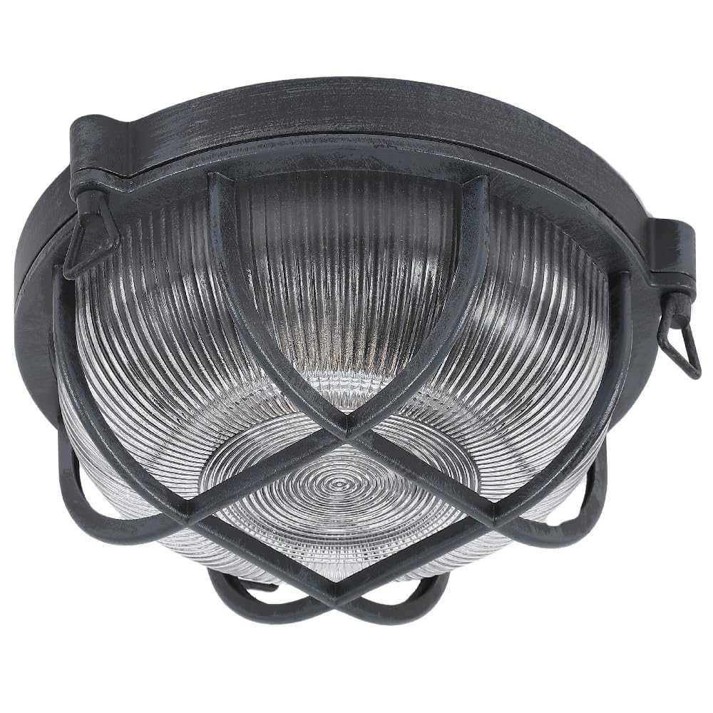 Britalia Antique Grey & Ribbed Glass Outdoor Vintage Round Flush Bulkhead Wall Light | 27Cm Diameter | Ip44 Rated | 1 X Es E27 Lamp Bulb Required | Bathroom Use | Uk Approved | Low Profile Height Only 11Cm