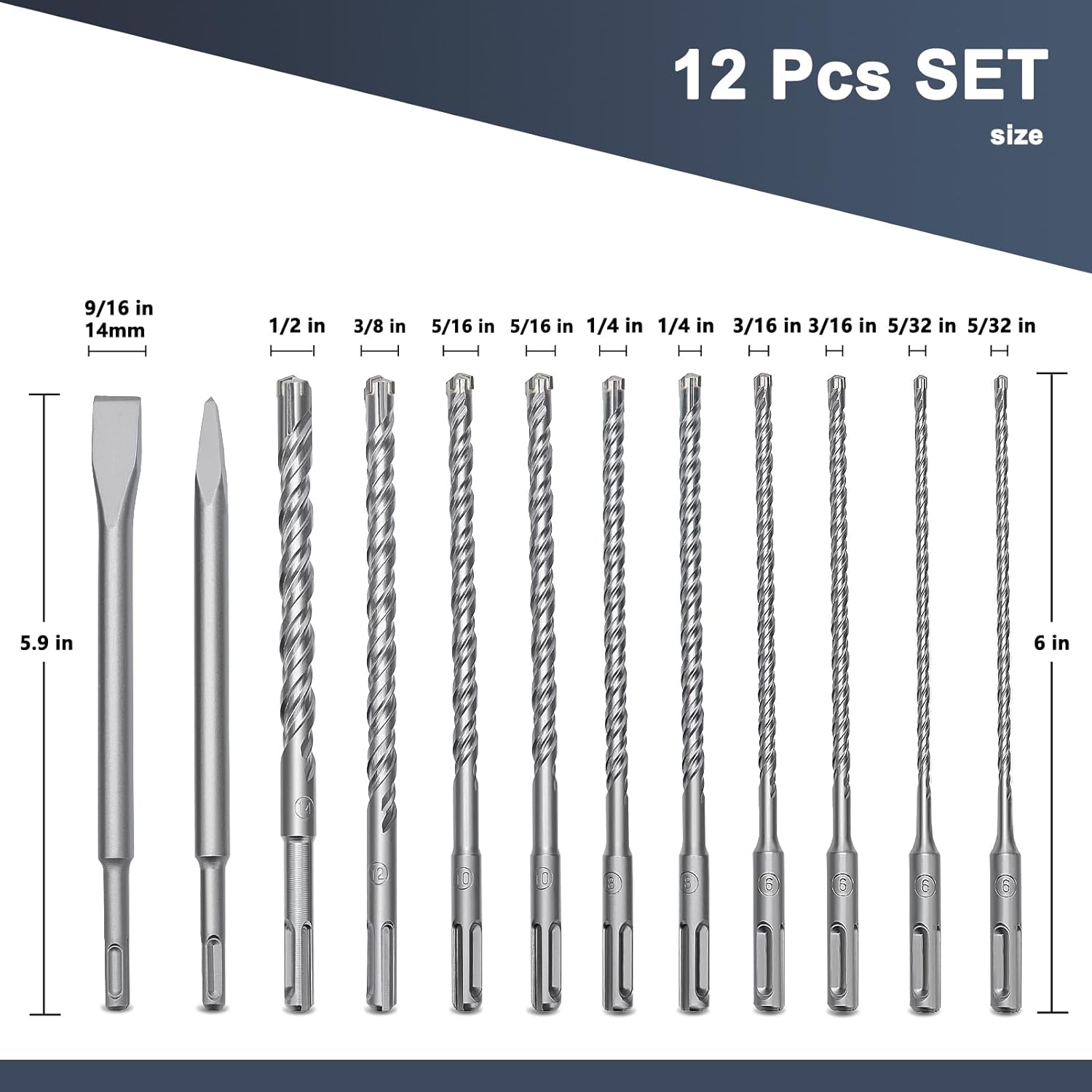 12 Pcs 5/32 to 1/2 inch (4-12mm) SDS Plus Rotary Hammer Drill Bits and Chisel Set, 6 inch Length SDS Plus Masonry Drill Bits Set for Concrete, Brick, Cement，Masonry Work, Length 6 inch