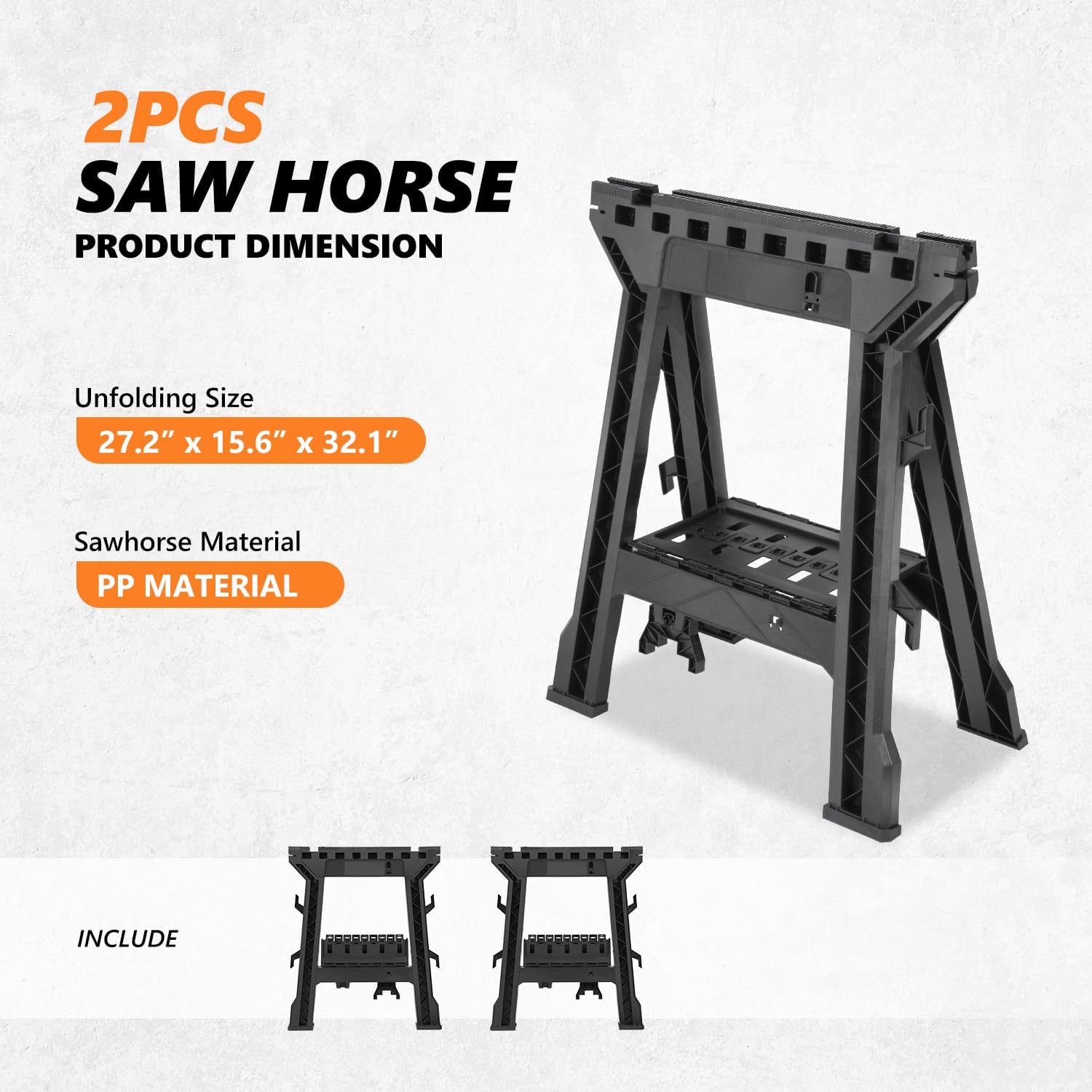 DNA MOTORING Heavy Duty 1000 lb / 450 kgs Capacity Folding Saw Horse For Slicing, Work Bench Assembly, Black, 2pc, TOOLS-00472