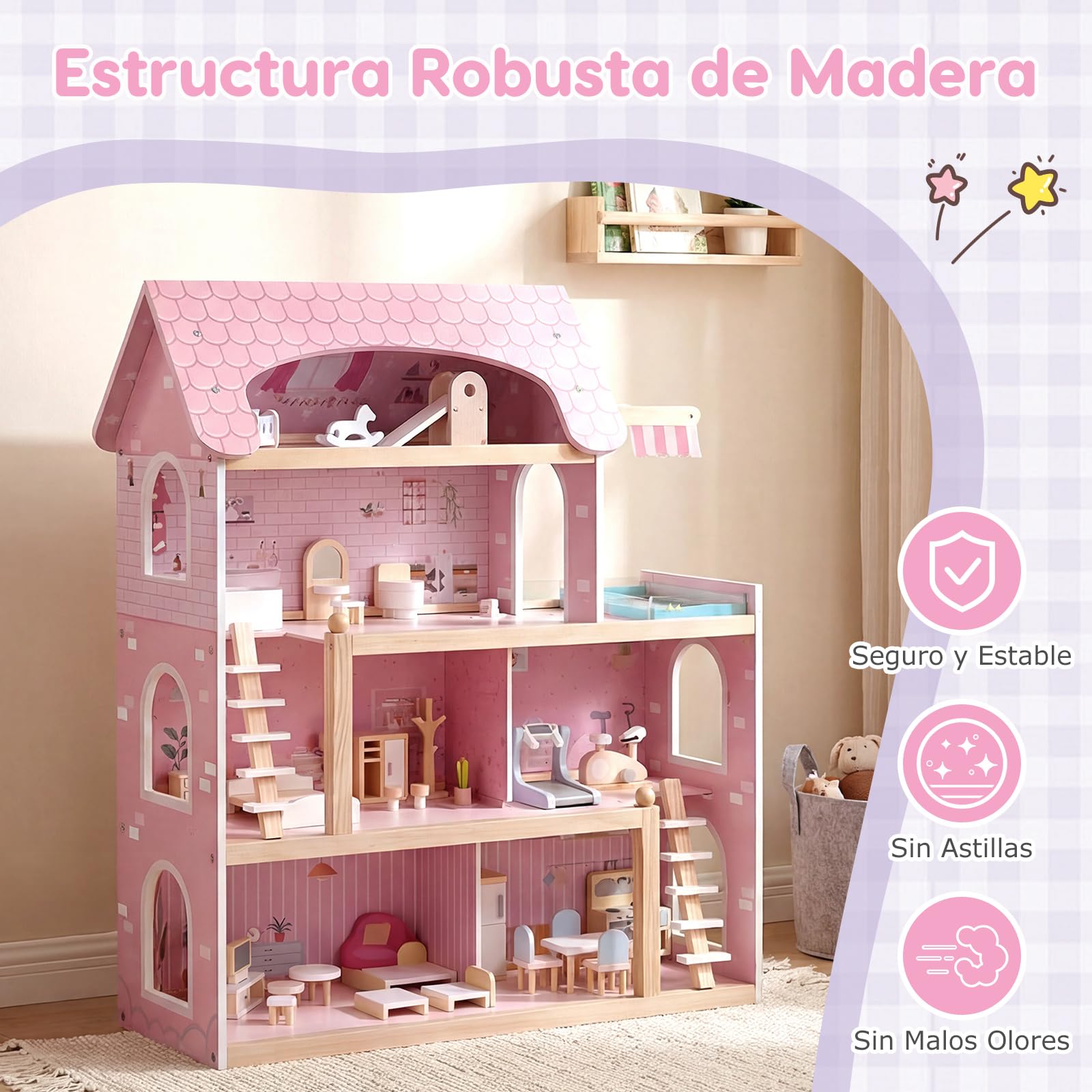 RELAX4LIFE Casa de Muñecas Madera de 4 Pisos con 33 Accesorios, 6 Habitaciones, Terraza, Piscina y 2 Escaleras, Casita de Muñecas de MDF y Madera Pino para Niños 3+ Años, 62x25x78cm (Rosa)
