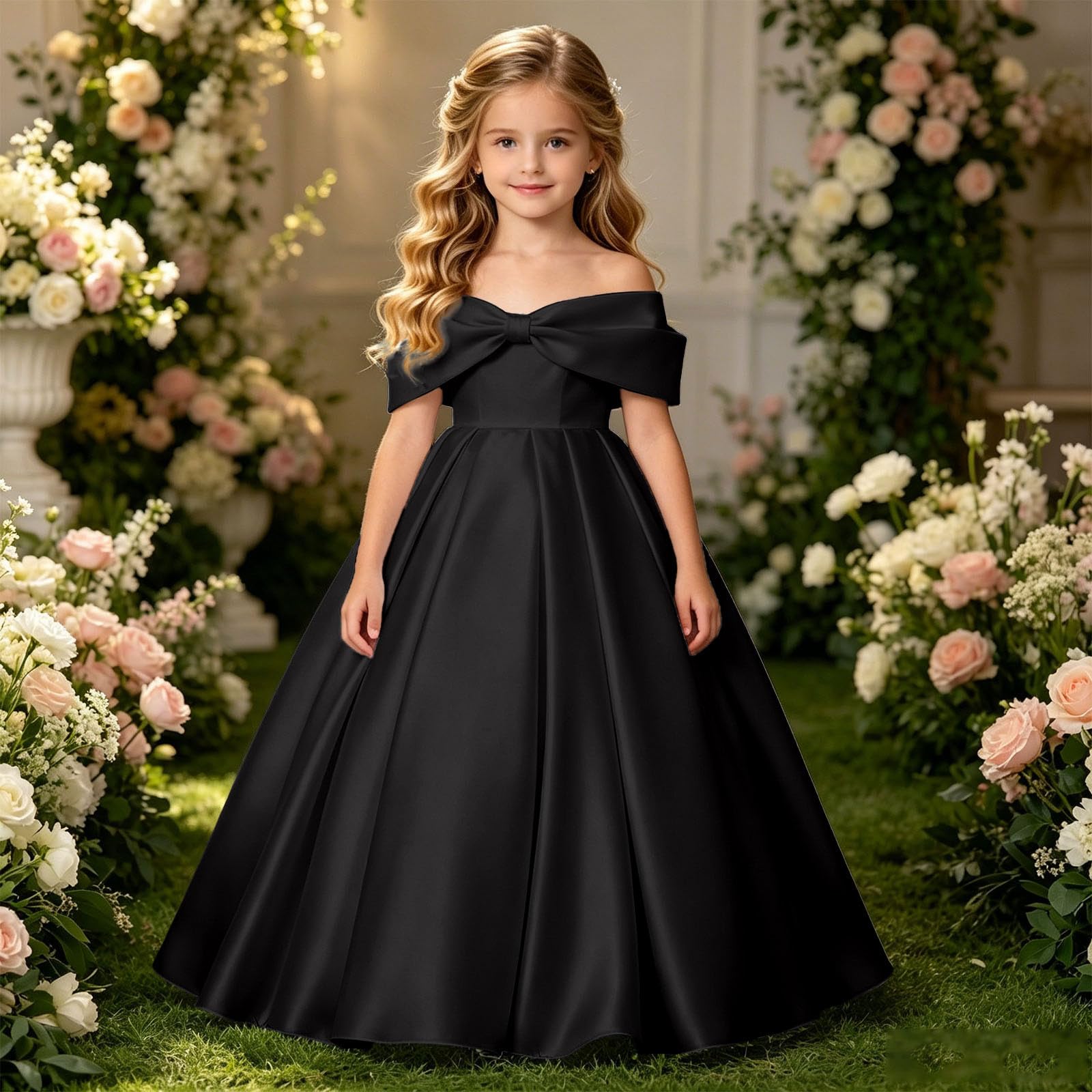 Vestido NiñA Elegantes, Vestido NiñA Ceremonia Lunares, Vestidos De Fiesta Largo hasta El Suelo Color Liso con Hombros Descubiertos Y Un Gran Lazo Mayores Dresses Summer Dress Dress Vestidos Verano