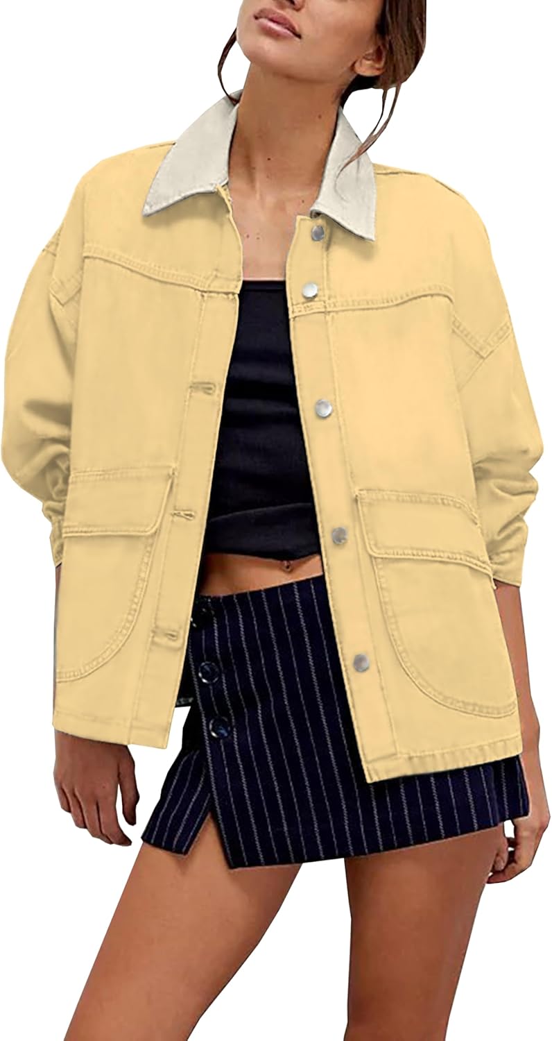 Lumister Women's Oversized Denim Jacket with Contrast Trim Long Sleeve Button Down Jean Coat with Pockets Outerwear
