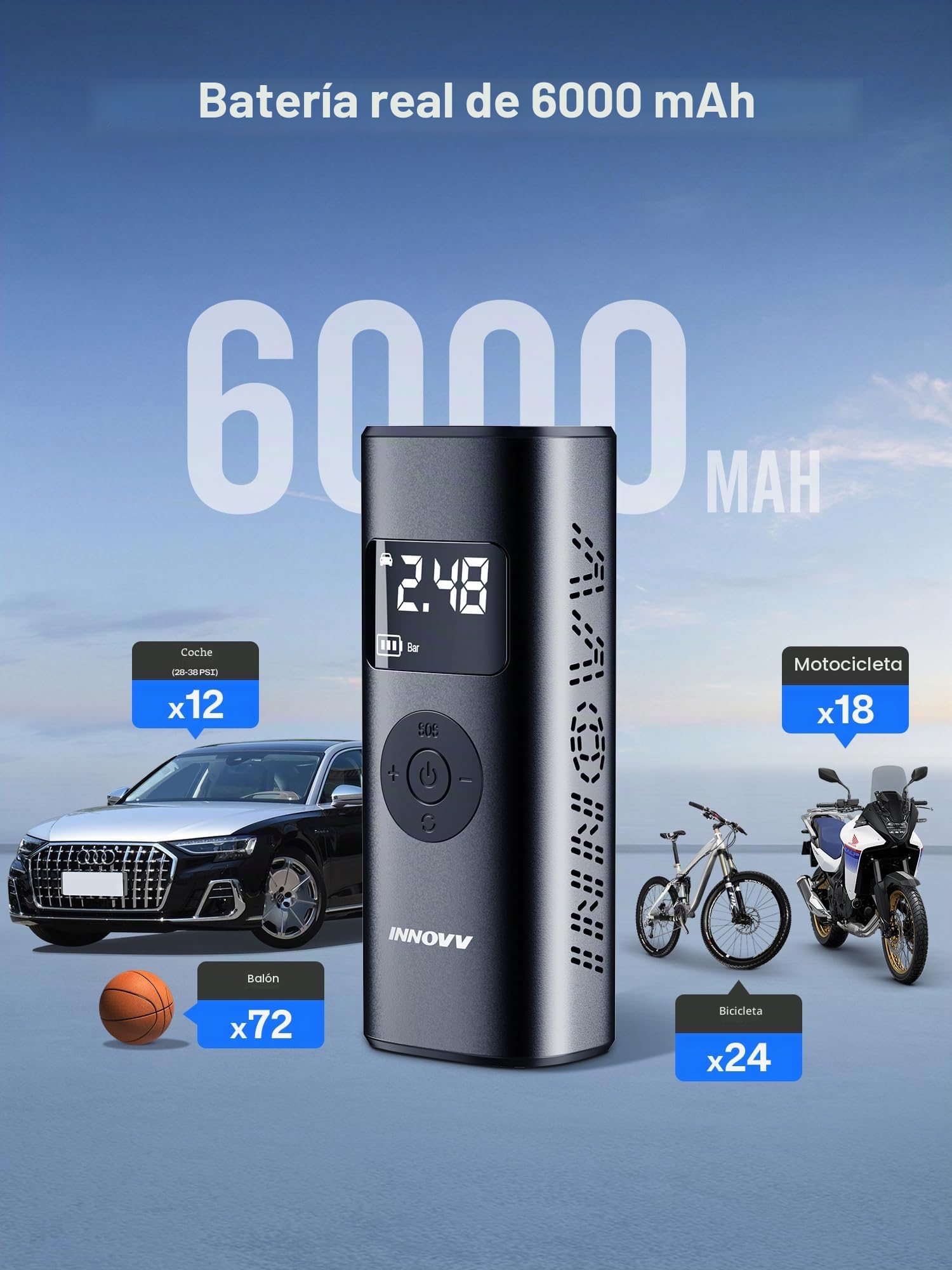 INNOVV Bomba de aire eléctrica P1, portátil para bicicleta, con indicador digital de presión y iluminación de emergencia, 150 psi, recargable para coche