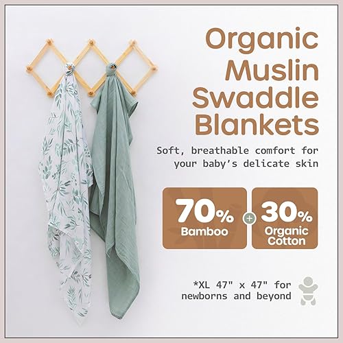 Miniatura 3 de Organic Baby Muslin Swaddle Blankets for Boy or Girl - Eucalyptus Leaves and Sage Swaddling Blanket 2 Pack - Soft Muslin, XLarge and Breathable,