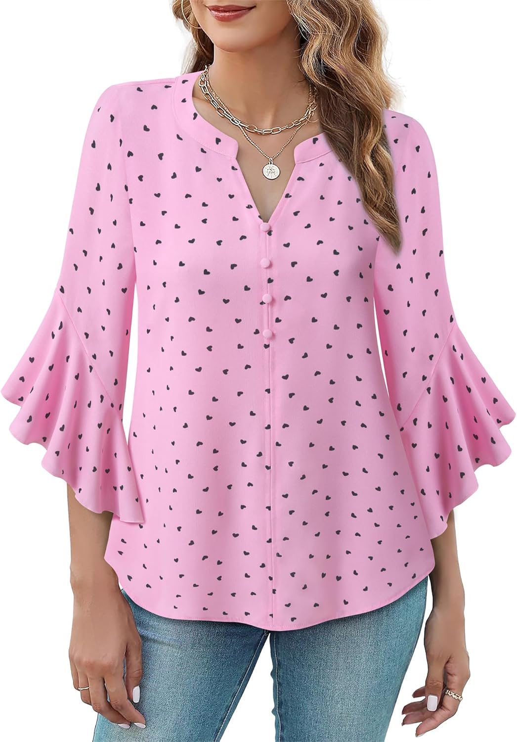 Bebonnie Womens Tops Dressy Casual Ruffle 3/4 Sleeve Henley V Neck Chiffon Blouses with Buttons - Image 2