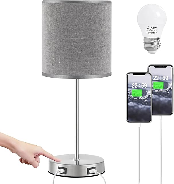 Seealle USB Touch Table Lamp, Bedside Lamp with Dual USB Charging Ports, Gray Lamps with USB Ports, 3 Way Dimmable Touch Lamp for Bedroom, Living Room and Study Room (LED Bulb Included)
