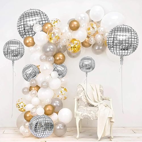 Miniatura 5 de CONEHOY 43 globos de bola de discoteca plateados, decoración de globos de discoteca de 10, 15, 18, 22, 32 pulgadas, globos de fiesta de espejo 4D,