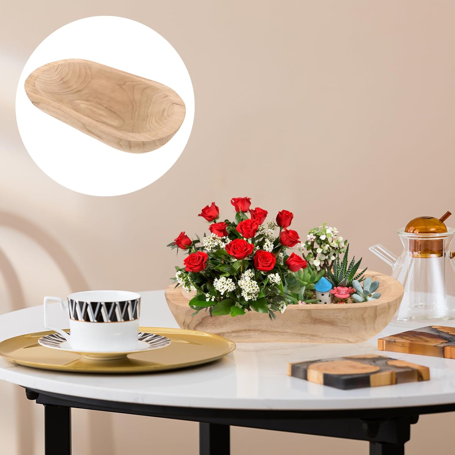 PRETYZOOM Rustic Wooden Dough Bowl Footed Bowl for Vintage Decor for Table Centerpiece