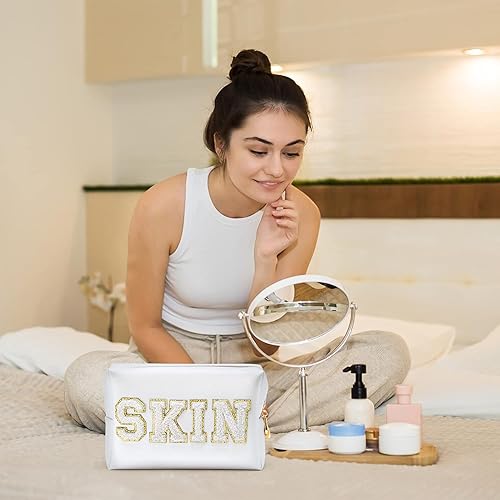 Miniatura 4 de Y1tvei Preppy Patch SKIN - Neceser de cosméticos con letra blanca, piel sintética, portátil, bolsa de maquillaje, bolsa de almacenamiento de
