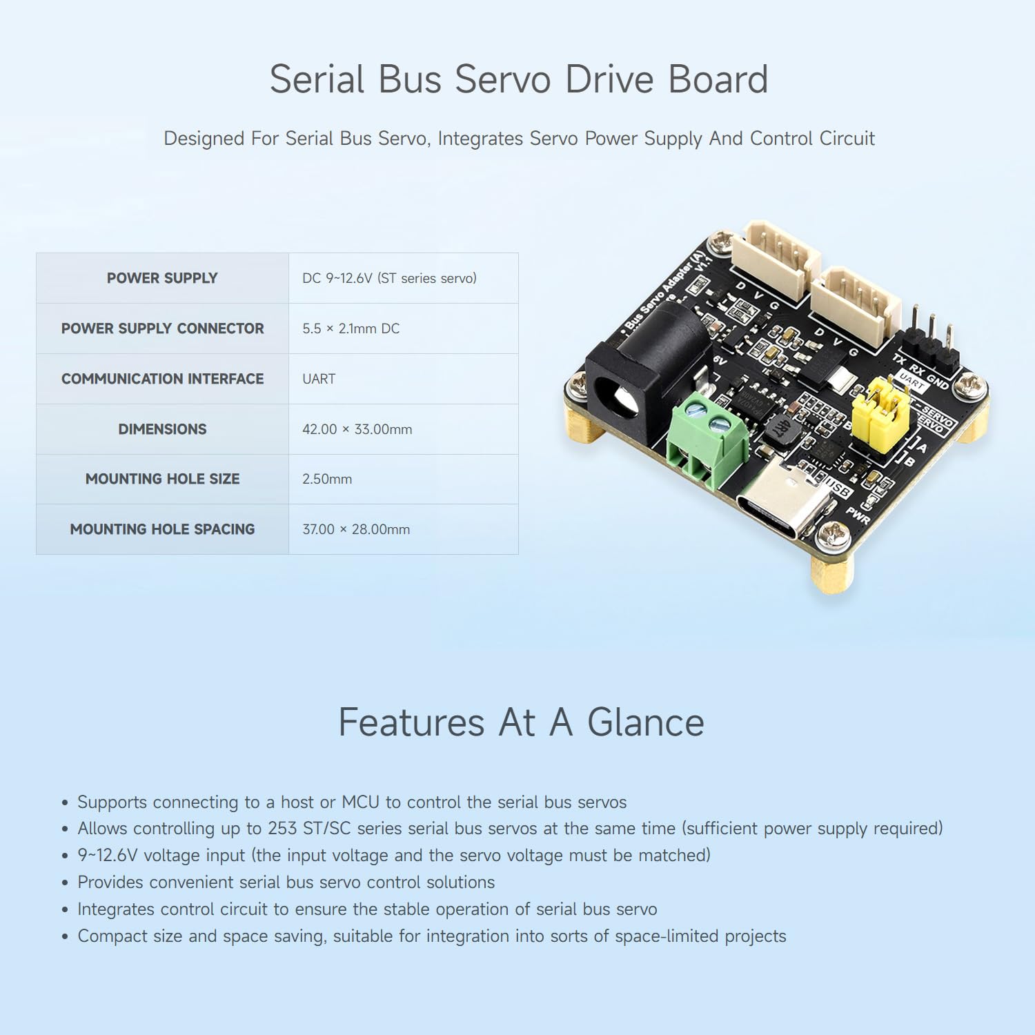 Waveshare 2PCS Serial Bus Servo Driver Board, Integrates Servo Power Supply & Control Circuit, Applicable for St/SC Series Serial Bus Servos, Small Size, Easy to Integrate