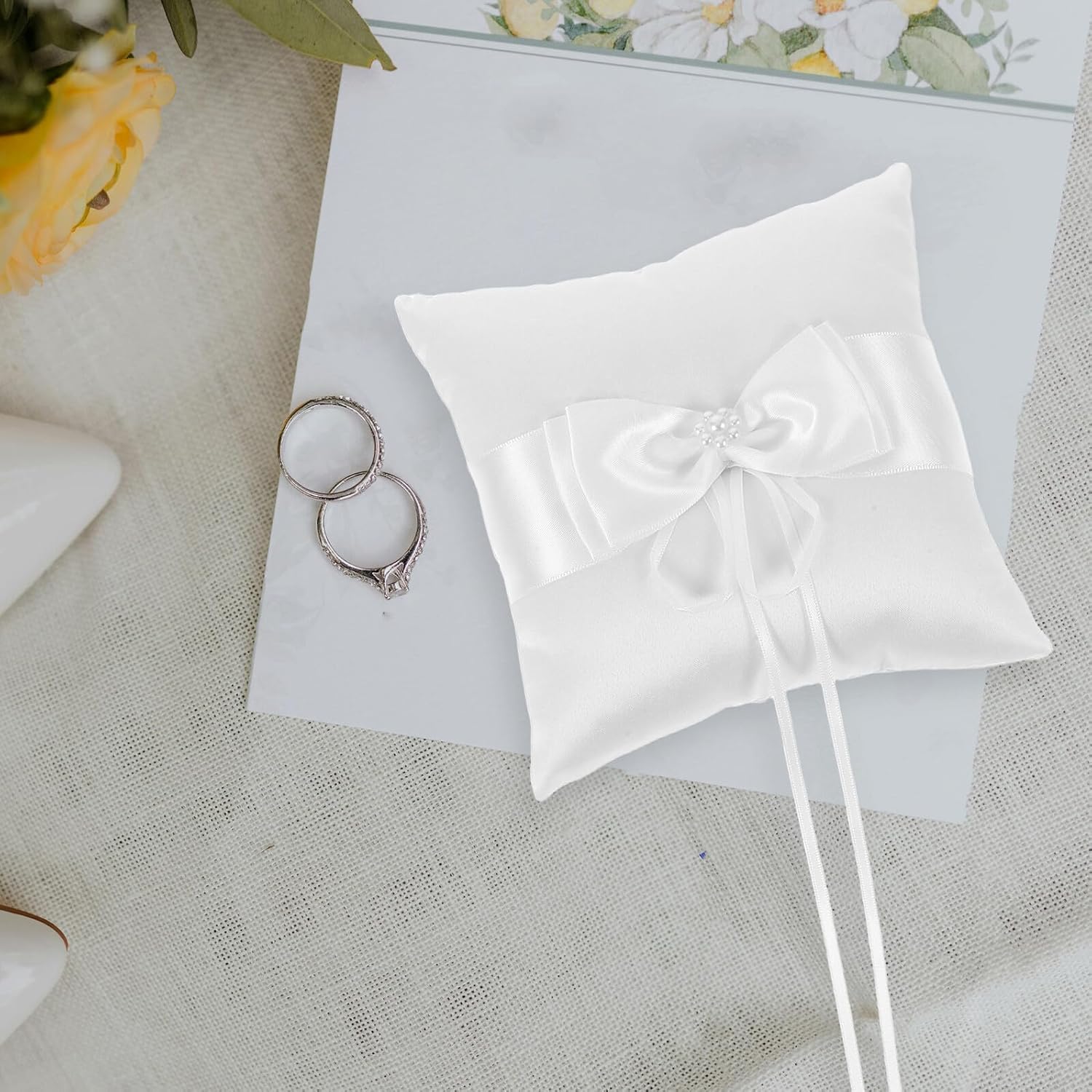 European Wedding Ring Pillow Holder with Double Flower Knot Beads