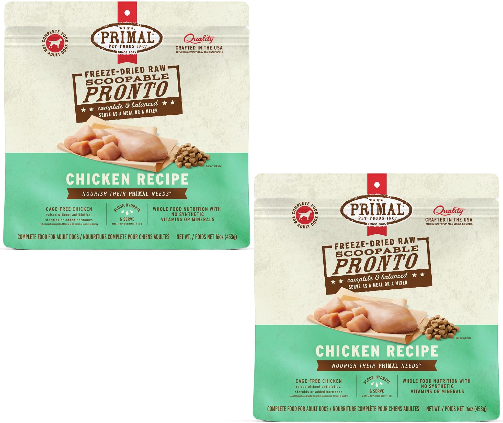 Primal Freeze Dried Dog Food, Pronto Mini Nuggets, Chicken;Scoop & Serve,Complete & Balanced Meal; Also Use As Topper or Treat; Premium, Healthy, Grain Free, High Protein Raw Dog Food 16 oz(Pack of 2)