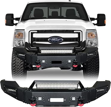 Front Bumper Black Texture Compatible with 2011-2016 Ford F250/F350/F450/F550 Excluding Raptor and Ecoboost w/Winch Plate & 5 LED Lights & Sensor Mounting Hole1