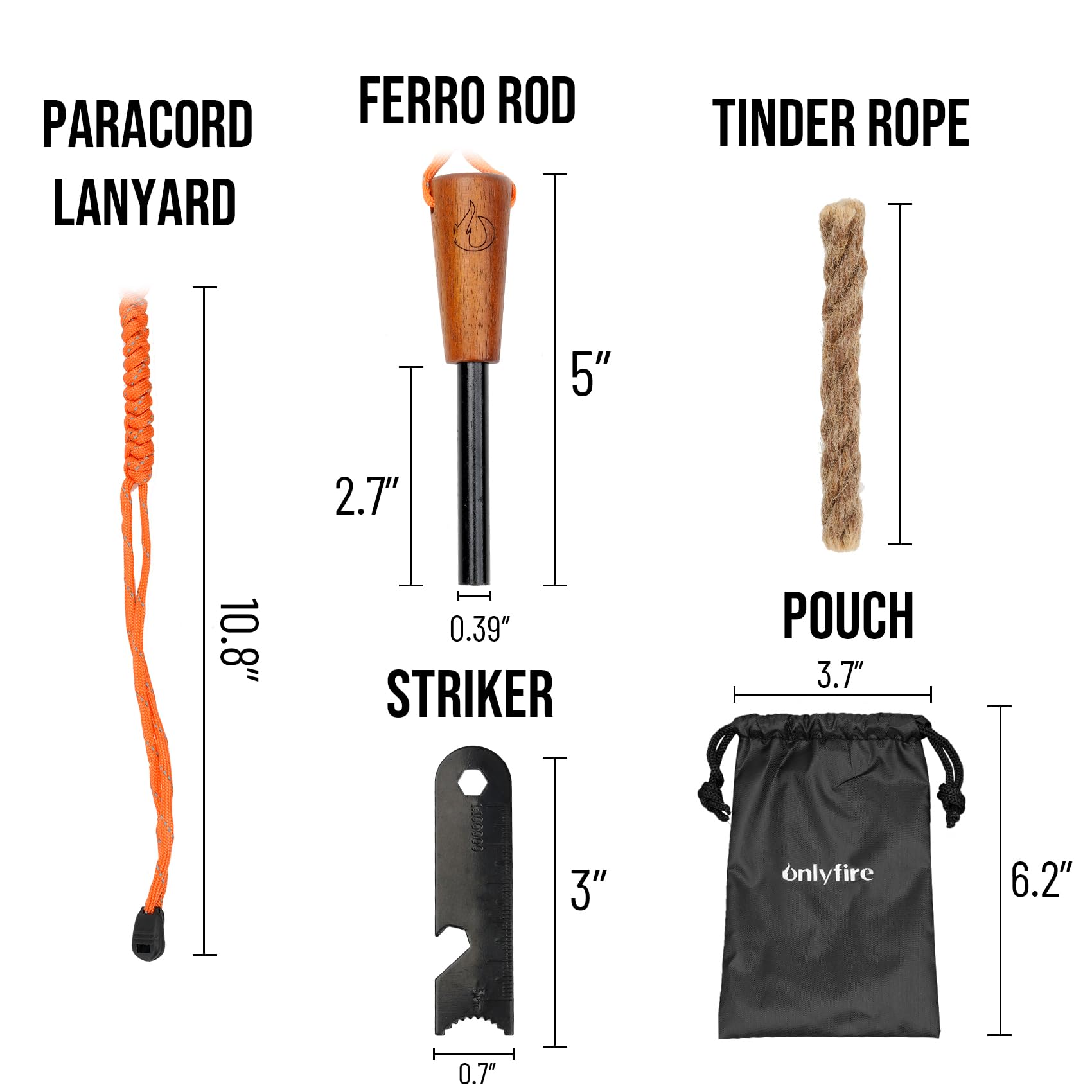Fire Starter Survival Tool, Ferro Rod Kit with Striker, Paracord Wrist Lanyard, Wood Handle, Tinder Wick, Pouch, Waterproof Flint and Steel Fire Starter for Camping, Hiking and Backpacking Gear CT601