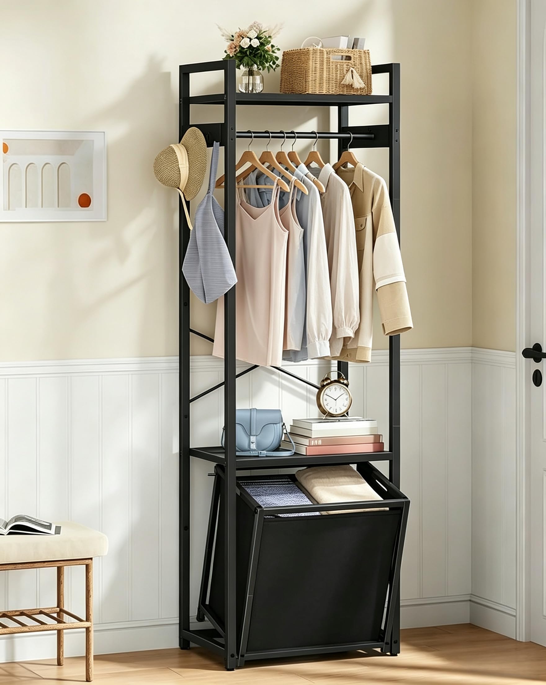Hoctieon Open Wardrobe Clothes Rail, Garment Rack with Removable 35L Fabric Storage Basket & Tier Shelves, Freestanding Coat Stand for Hallway, Entryway, Bedroom, Black