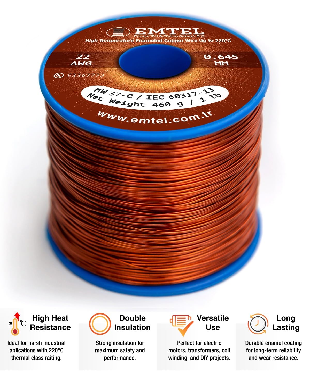 Emtel Fil de cuivre émaillé 1,15 mm - 500 g - 53 mètres - Fil d'enroulement pour moteur, transformateur, haut-parleur, bobine magnétique - Fil magnétique jusqu'à 220 °C - Isolation double revêtement