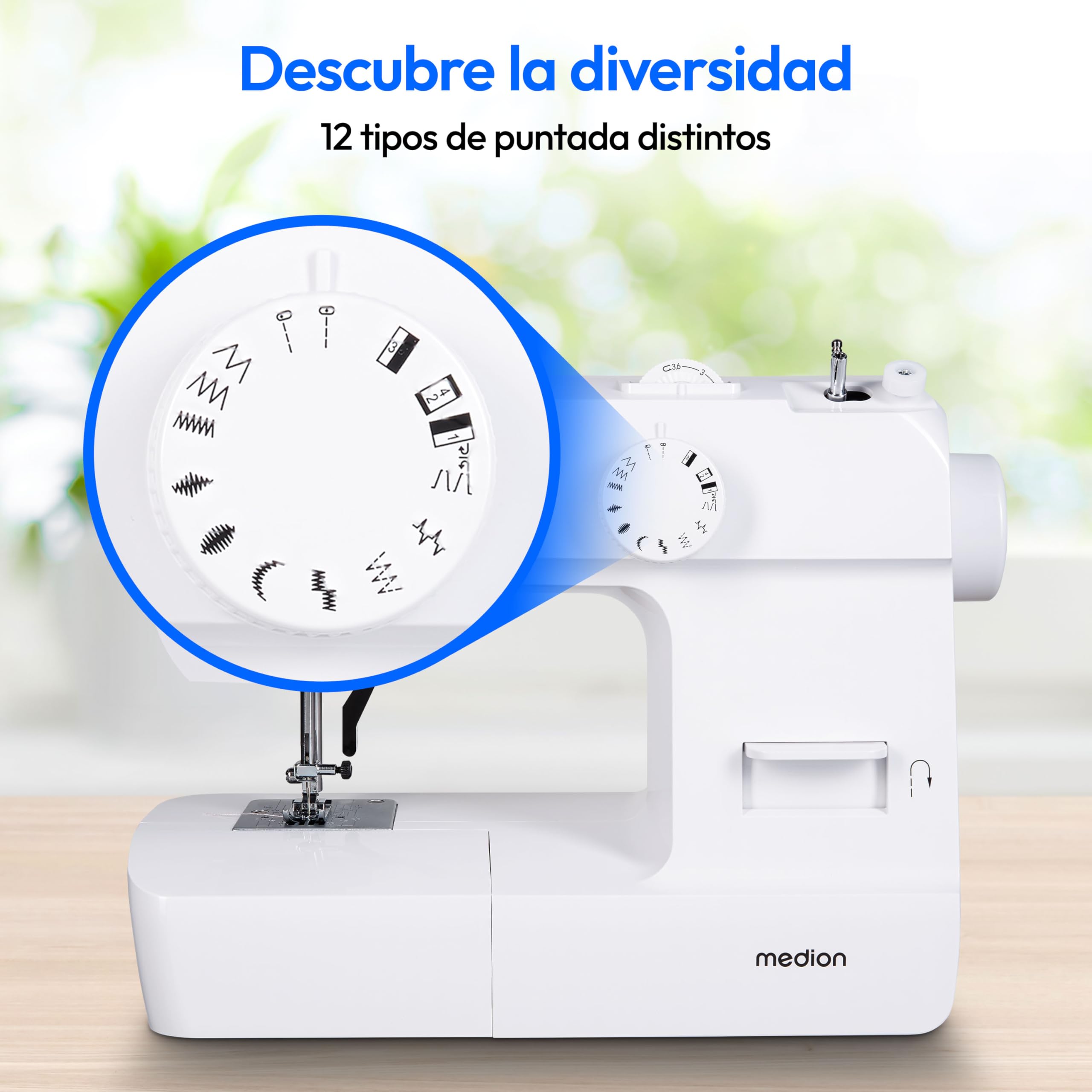 Máquina de coser MEDION SM70 (70 vatios, 12 patrones de puntada diferentes, luz de costura LED, longitud de puntada ajustable, botón de marcha atrás, cortador de hilo, MD11179) blanca | Luz LED de costura, longitud de puntada ajustable, botón de retroceso