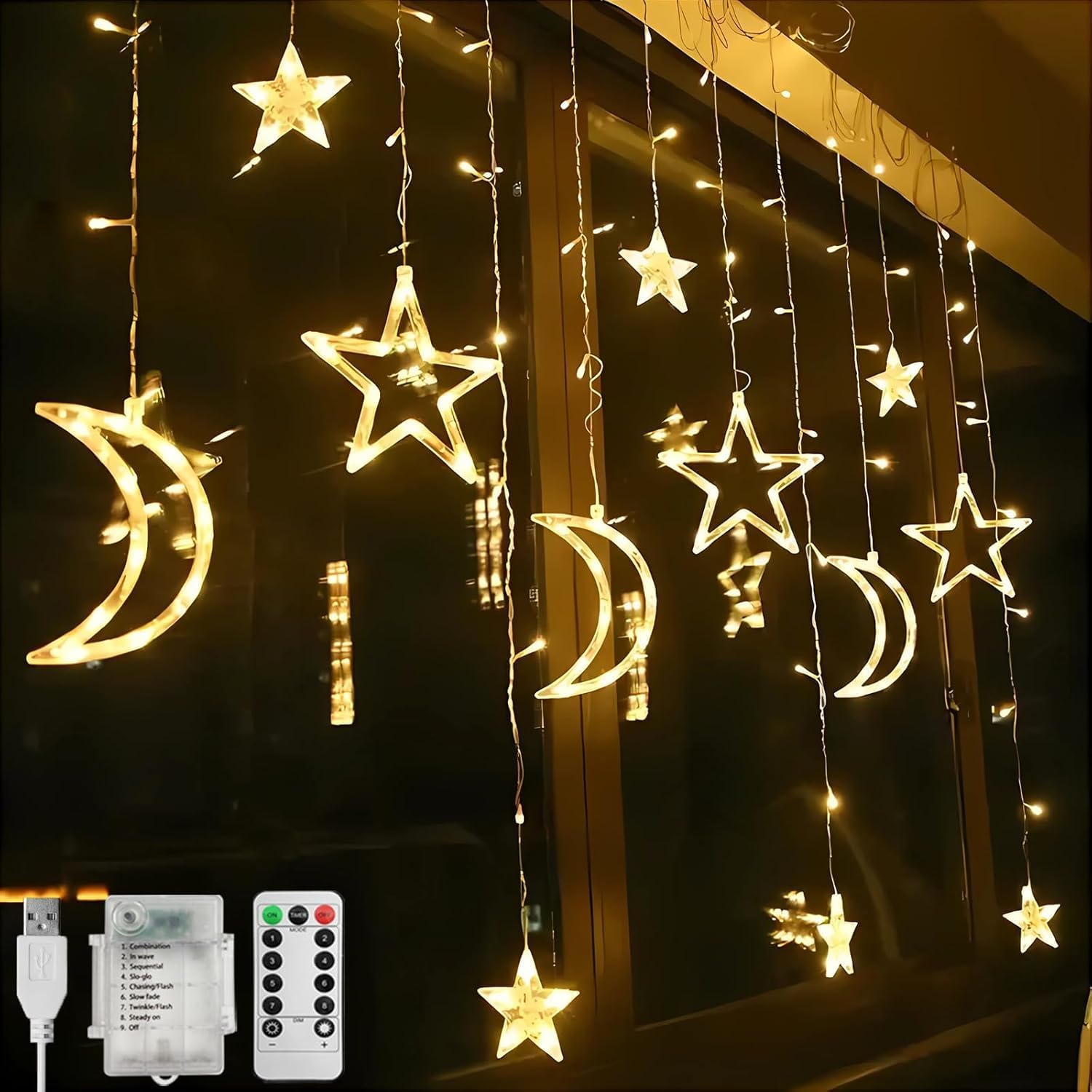 Ramadan Window Light Decorations for Home, 138 LED Star Moon Curtain String Lights with 8 Flashing Modes for Party, Wall, Eid, Ramadan Decorations, Battery＆USB Powered (Warm White)