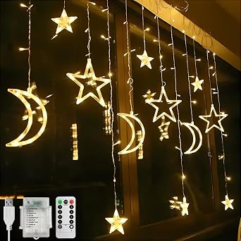 CNMTCCO Ramadan Window Light Decorations for Home, 138 LED Star Moon Curtain String Lights with 8 Flashing Modes for Party, Wall, Eid, Ramadan Decorations, Battery USB Powered Warm White [Energy Class A]