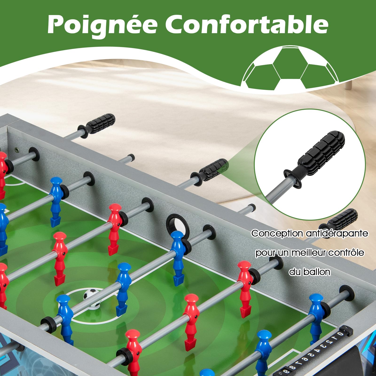 GOPLUS Table Baby-Foot Enfants avec 2 Ballons de Football, Poignée Lisse, 18 Joueurs Réalistes, Tapis de Football Réaliste, Baby-Foot pour Adultes et Enfants (‎94,5 x 53,5 x 76,5 cm)