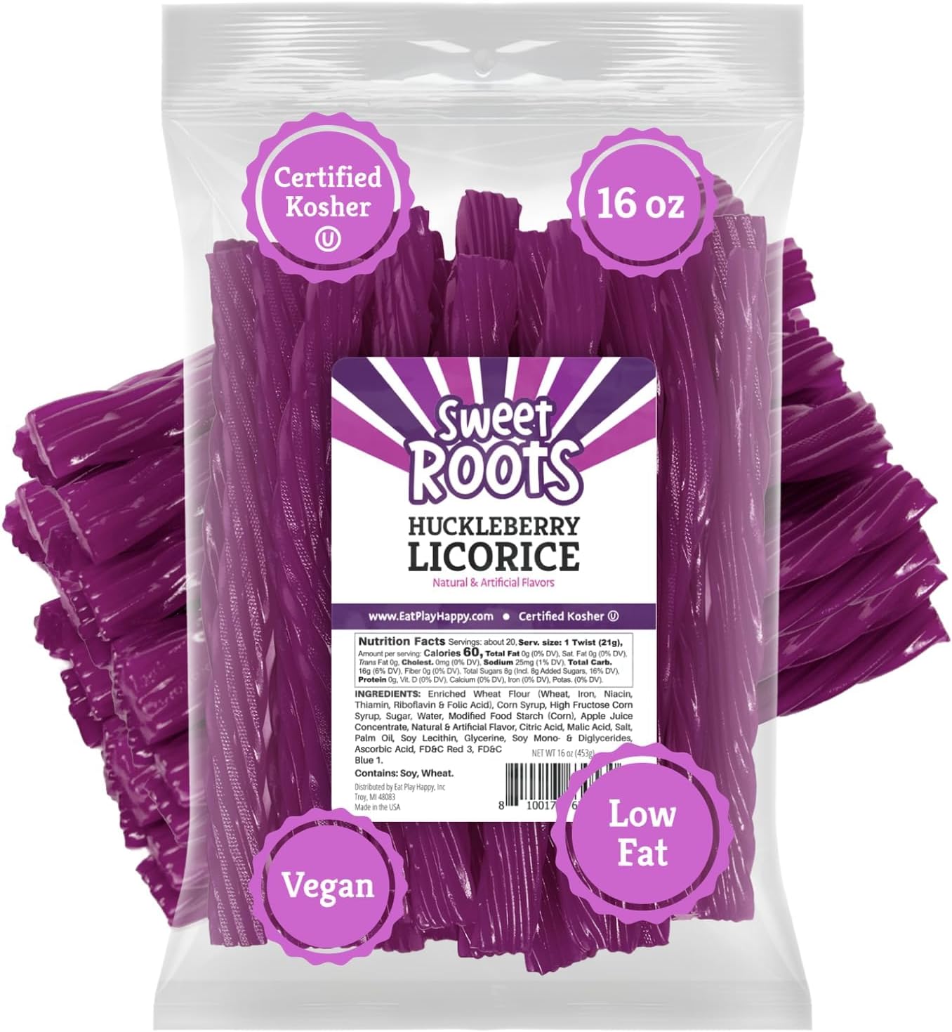 Sweet Roots Huckleberry Licorice Twists – Jumbo Soft Licorice Sticks Made with Real Fruit Juice | Gourmet Huckleberry Candy for Snack Lovers | Vegan, Fat-Free, Kosher | Purple (16 oz)