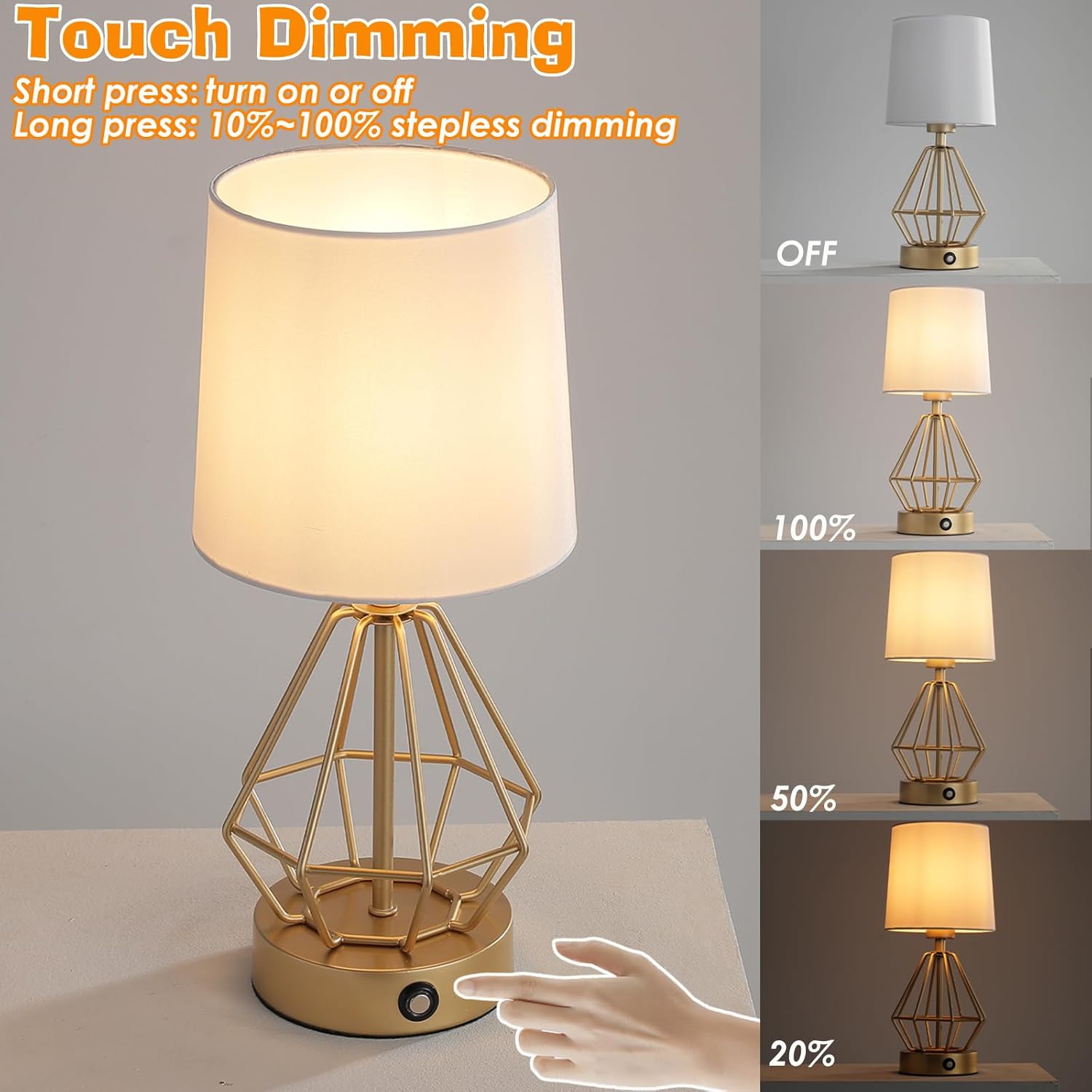 Gold Cordless Lamp Set of 2,Touch Stepless Dimming,8000mAh Rechargeable Battery Table Lamp,Gold Cage Frame Wireless Lamp,White Lampshade,14.7inches Tall