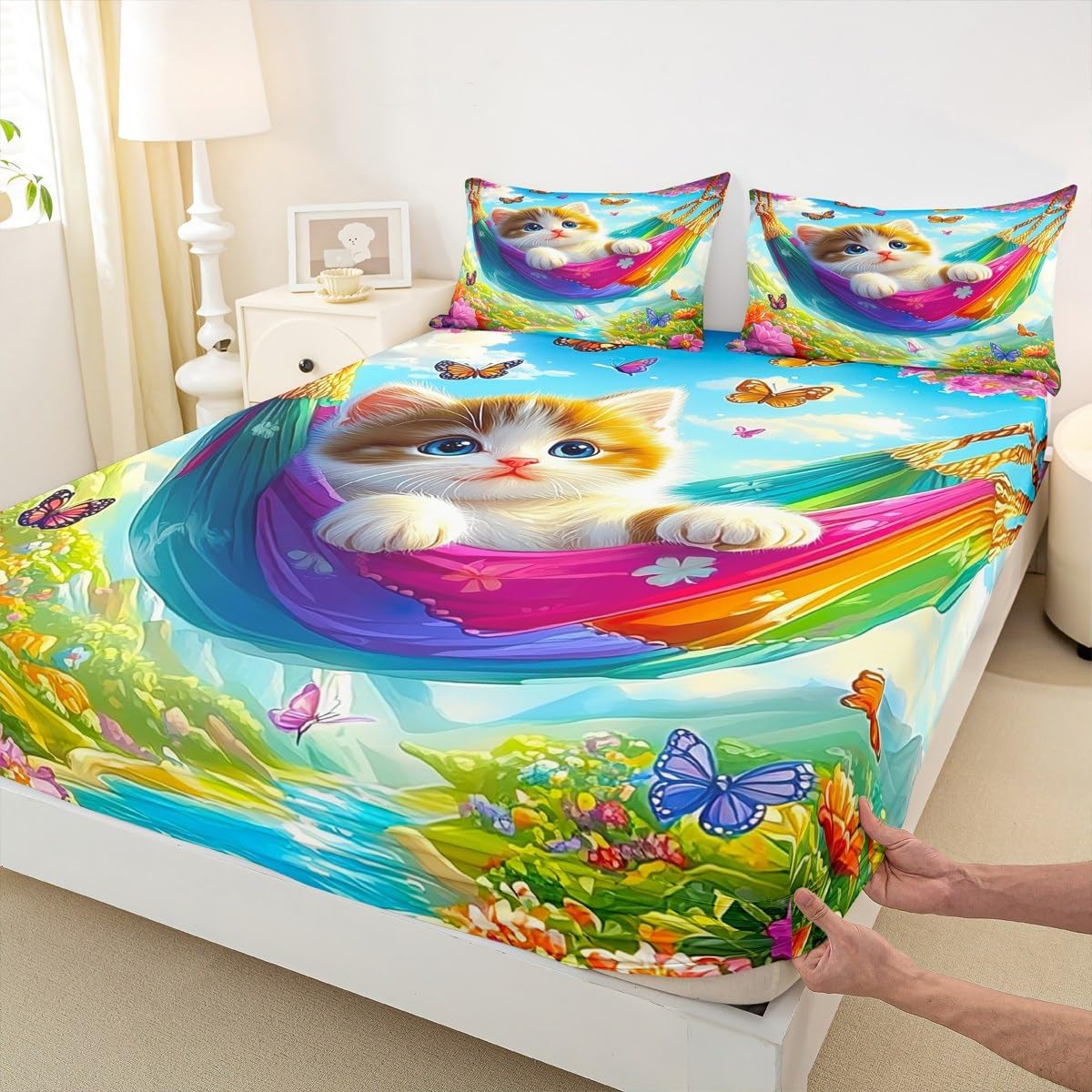 Cute Cat Fitted Sheet Full for Boys Kids Teens Bedroom,Lovely Pet Farm Animal Bedding Set(No Top Sheet),Spring Butterfly Floral Bed Sheets,Dreamy Natural Landscape Bed Cover,2 Pillowcases