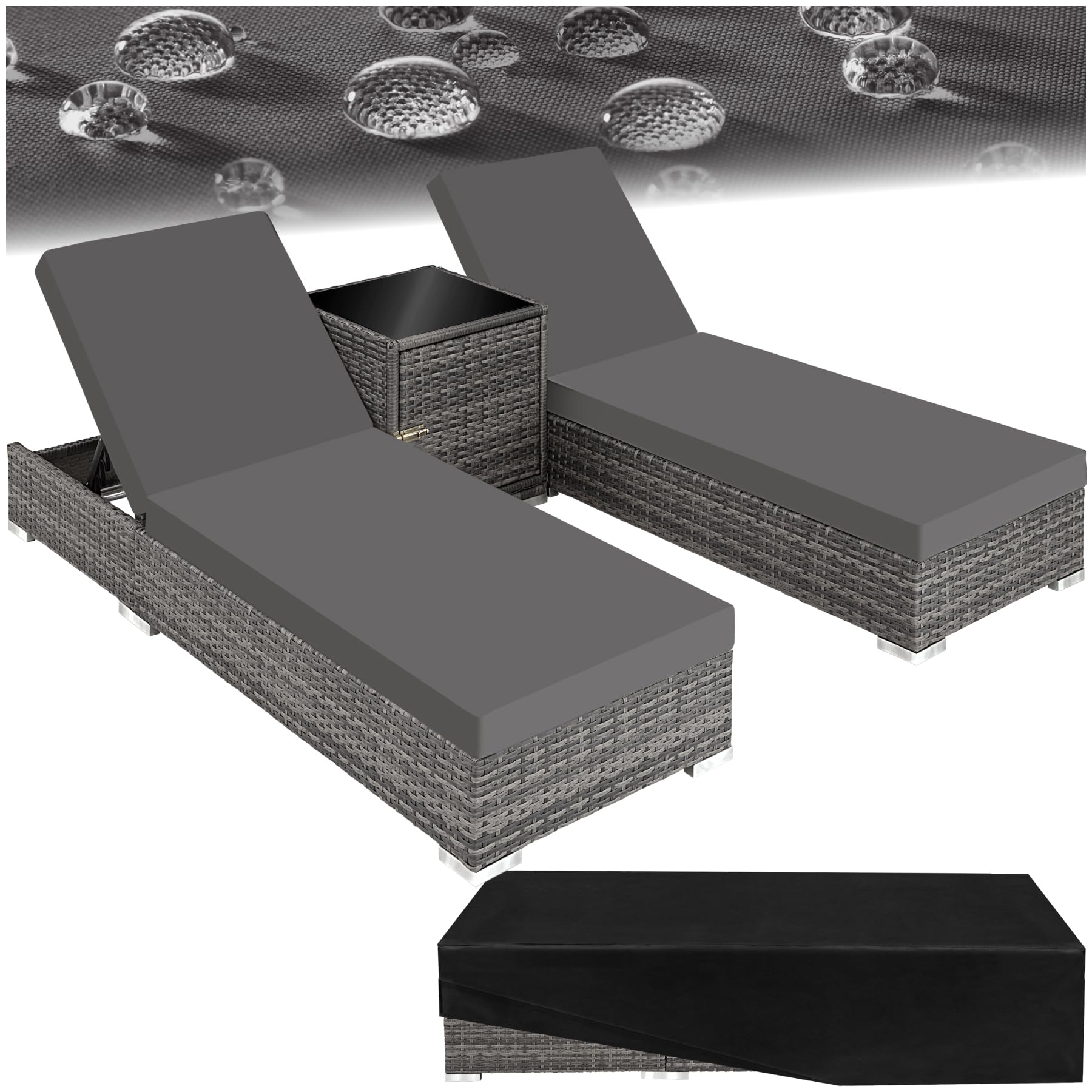 tectake® Set de 2x Chaise Longue Bain de Soleil avec Dossier réglable + Table de Jardin en Aluminium et Resine Tressee + 2 Set de Housses + Housse de Protection Piscine Balcon Jardin - Gris