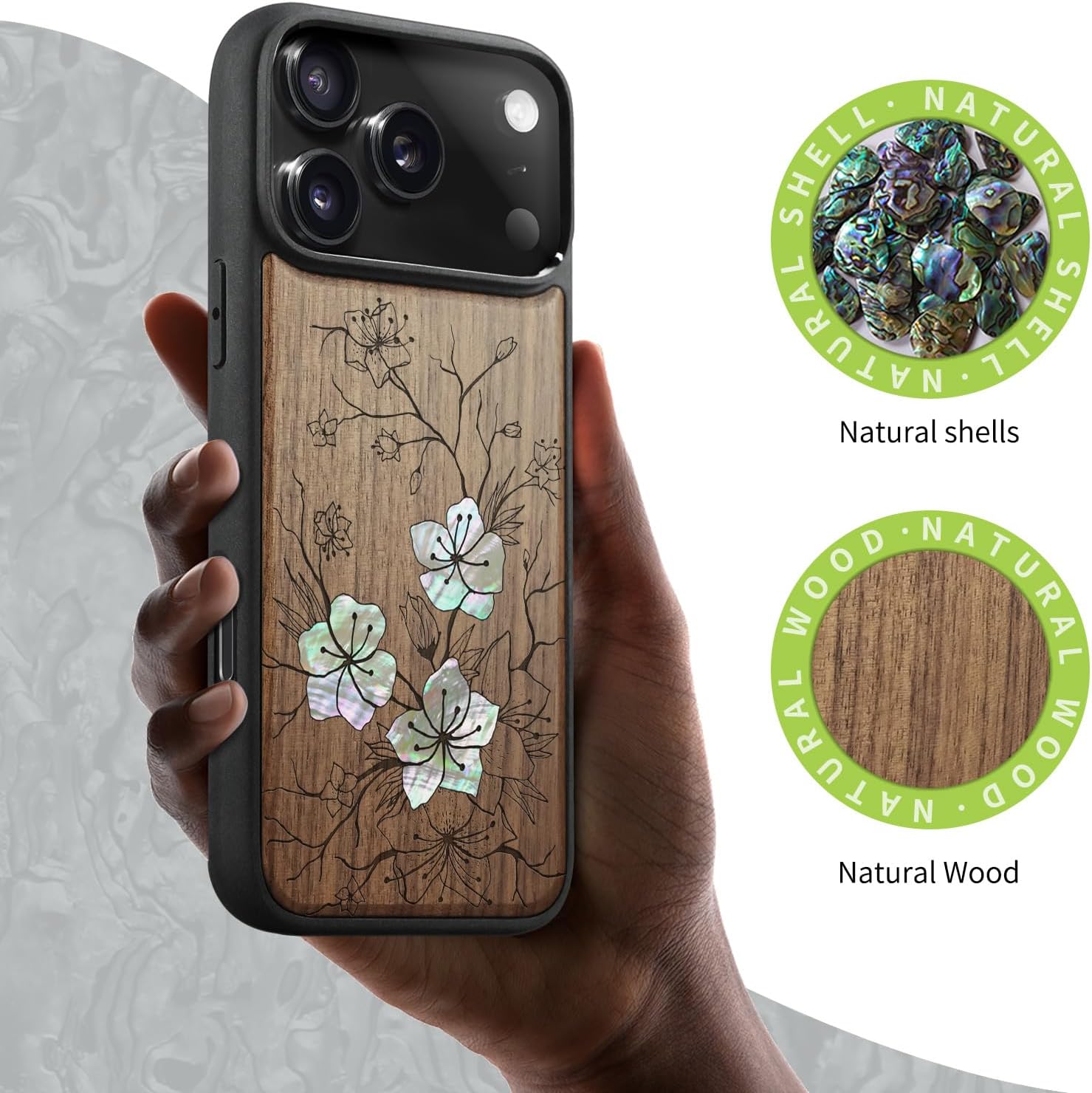 Carveit Magnetic Case for iPhone 17 Pro Case, Wood Artisan Engraved & Handmade Shell Inlaid, TPU Shockproof Cover, Compatible with MagSafe Wireless Chargers (Whispering Sakura Blooms-Walnut)