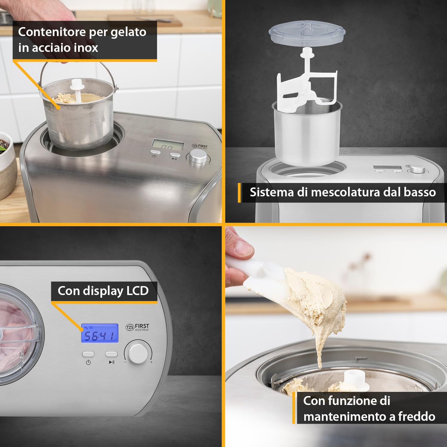 TZS First Austria Macchina per Gelato 1,2L - 135W - Compressore e Funzione Raffreddamento - Gelatiera per Gelato, Sorbetto o Frozen Yogurt - Cestello in Acciaio Inox - Grigio